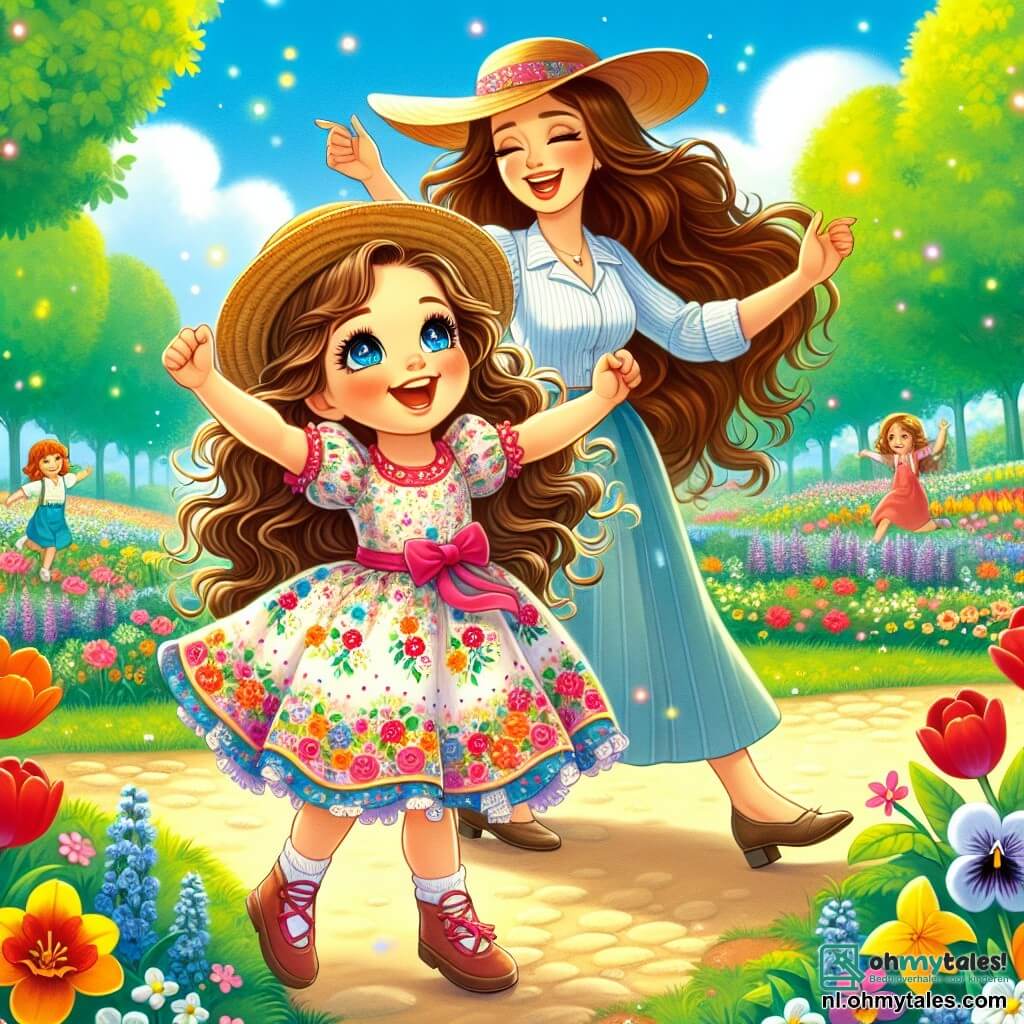 Een klein meisje van 4 jaar, genaamd Lila, met lange krullende haren en sprankelende ogen, danst in een bloeiende park. Ze draagt een mooie kleurrijke jurk met bloemenpatronen en een strohoed. Haar gezicht straalt van opwinding en geluk. Naast haar staat haar moeder, een vrouw van ongeveer 30 jaar met kastanjebruin haar en een warme glimlach, die haar aanmoedigt door haar armen op te tillen. Ze draagt een lichte blouse en een broek, en kijkt met trots naar Lila. Het park is gevuld met heldere bloemen zoals rode tulpen, gele narcissen en paarse viooltjes. Groene bomen omzomen het pad en de lucht is helderblauw met enkele donzige witte wolken. De hoofdscène toont Lila en haar moeder die de lente vieren tijdens een festival, omringd door gelach en muziek, terwijl andere kinderen om hen heen dansen en spelen, wat een vrolijke en feestelijke sfeer creëert.