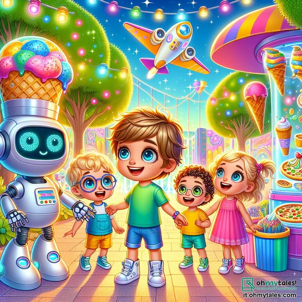 In un parco futuristico di Lumiville, quattro bambini sono insieme, meravigliati dal loro ambiente. Leo, un ragazzo di 4 anni con capelli castani e una maglietta blu, osserva con occhi brillanti un robot cuoco. Alla sua destra, Mia, una bambina di 4 anni con capelli biondi intrecciati e un vestito rosa, indica un gelato colorato appena preparato dal robot. Tommaso, un ragazzo di 4 anni con occhiali rotondi e una maglietta verde, ride mentre tiene una pizza gigante. Infine, Sara, una bambina di 4 anni con capelli ricci e pantaloni corti gialli, si prepara a salire su una macchina voladora brillante, ansiosa di decollare. Il parco è pieno di colori vivaci, con alberi dalle foglie luminescenti e fiori che brillano al sole. Robot amichevoli si muovono intorno a loro e macchine volanti fluttuano nel cielo azzurro, creando un'atmosfera magica e dinamica. La scena principale mostra i bambini intenti a scoprire la macchina voladora, con Sara pronta a salire a bordo, mentre Leo, Mia e Tommaso li osservano con eccitazione, impazienti di vivere questa incredibile avventura.