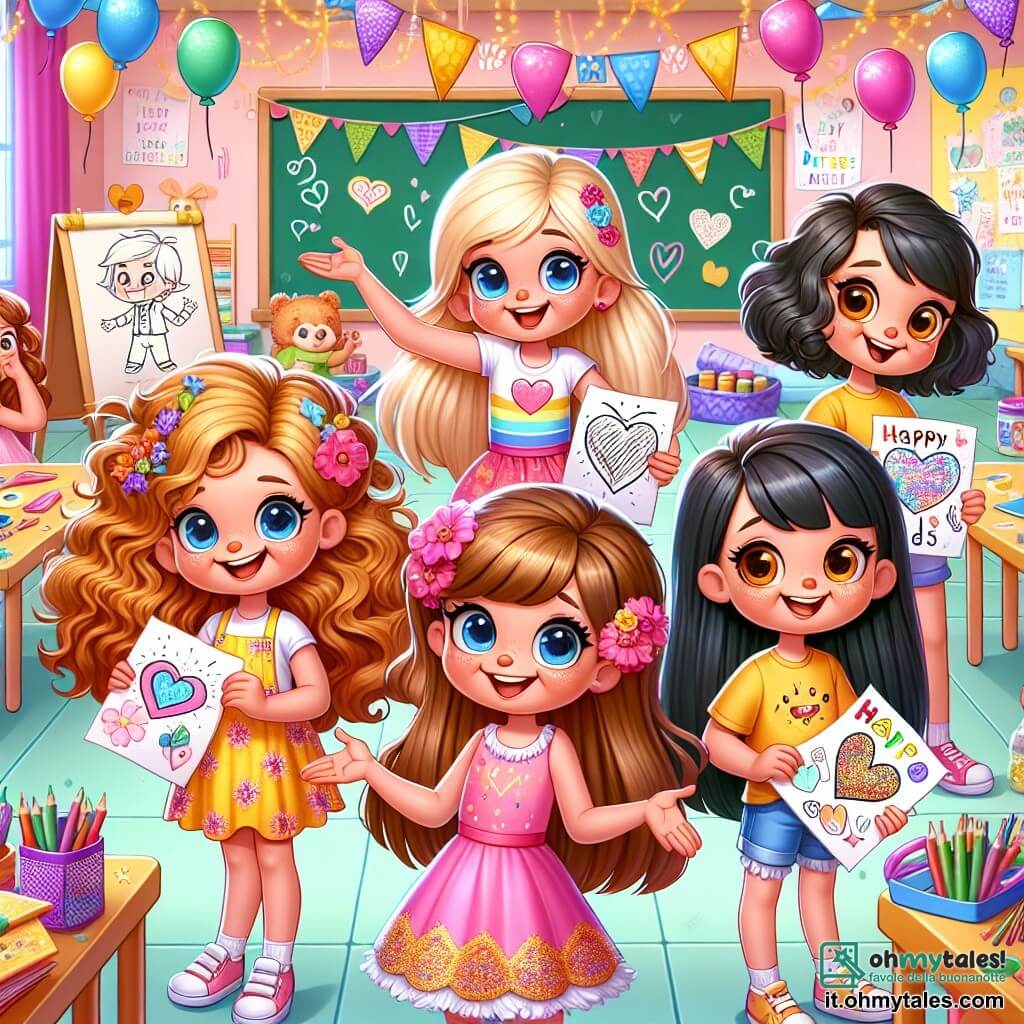 In un'aula colorata, cinque ragazze di 8 anni si tengono insieme, tutte sorridenti ed entusiaste. **Teresa**, con capelli biondi e occhi azzurri, indossa un vestito rosa e tiene una lettera decorata. Accanto a lei, **Sofia**, con capelli castani e ricci, indossa una maglietta gialla e mostra orgogliosamente il suo disegno di un cuore. **Giulia**, con capelli castani e frangia, indossa una gonna a fiori e fa gesti divertenti imitando un giocoliere. Le altre due ragazze, **Luna** e **Mia**, con capelli neri e lisci, decorano lettere con glitter e colori.

L'aula è piena di decorazioni festose: palloncini colorati fluttuano al soffitto, festoni di carta sono appesi alle pareti, e i tavoli sono coperti di materiali artistici. Un grande pannello nero sullo sfondo è pieno di disegni di bambini e parole d'amore per i papà.

Le ragazze stanno preparando uno spettacolo a sorpresa per la festa del papà, cantando e ballando gioiosamente con le loro lettere piene di poesia e amore. L'atmosfera è piena di risate ed eccitazione mentre si preparano a celebrare i loro papà con parole dolci e gesti affettuosi.