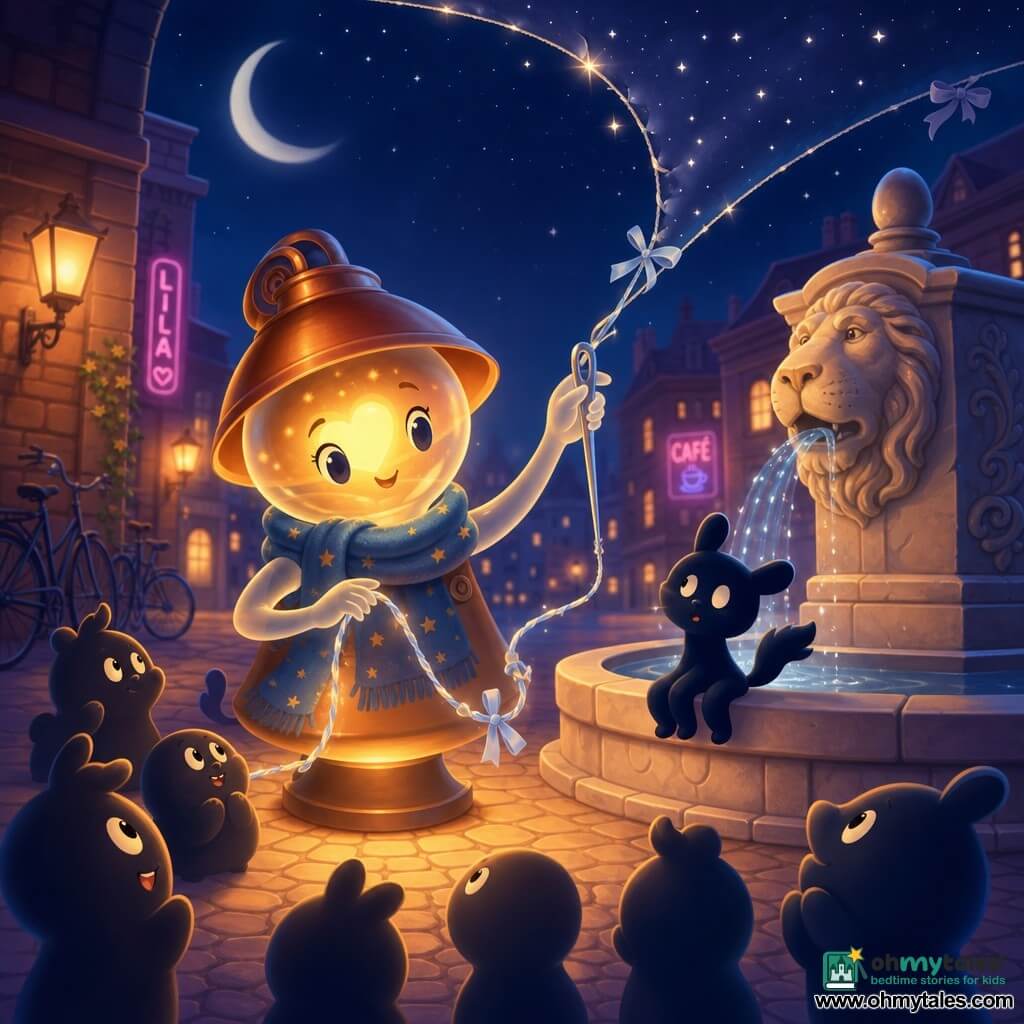 The main character is an anthropomorphic lamp named Lila-Lamp with a glass face showing a glowing heart, a copper shade and a blue scarf; joyful and focused, her translucent hands hold a large silver needle sewing the night sky. A secondary character is a small cat-tail-shaped shadow, black with bluish highlights, surprised yet reassured, perched on the edge of a stone fountain near Lila-Lamp watching the sky being sewn. Other secondary characters: a group of soft round shadow silhouettes with bright eyes, enthusiastic, gathered around the lamp in a semicircle on the cobbles. The setting is a nighttime urban cobbled courtyard with a carved stone lion fountain, brick buildings with distant neon signs, sparkling water droplets, lampposts and a few bikes leaning against walls. The scene shows Lila-Lamp mending a tear in the night sky with a silver thread braided with a shiny ribbon, stitches of light closing the tear and stars returning; magical atmosphere, warm colors and gentle contrasts, centered, child-friendly composition.