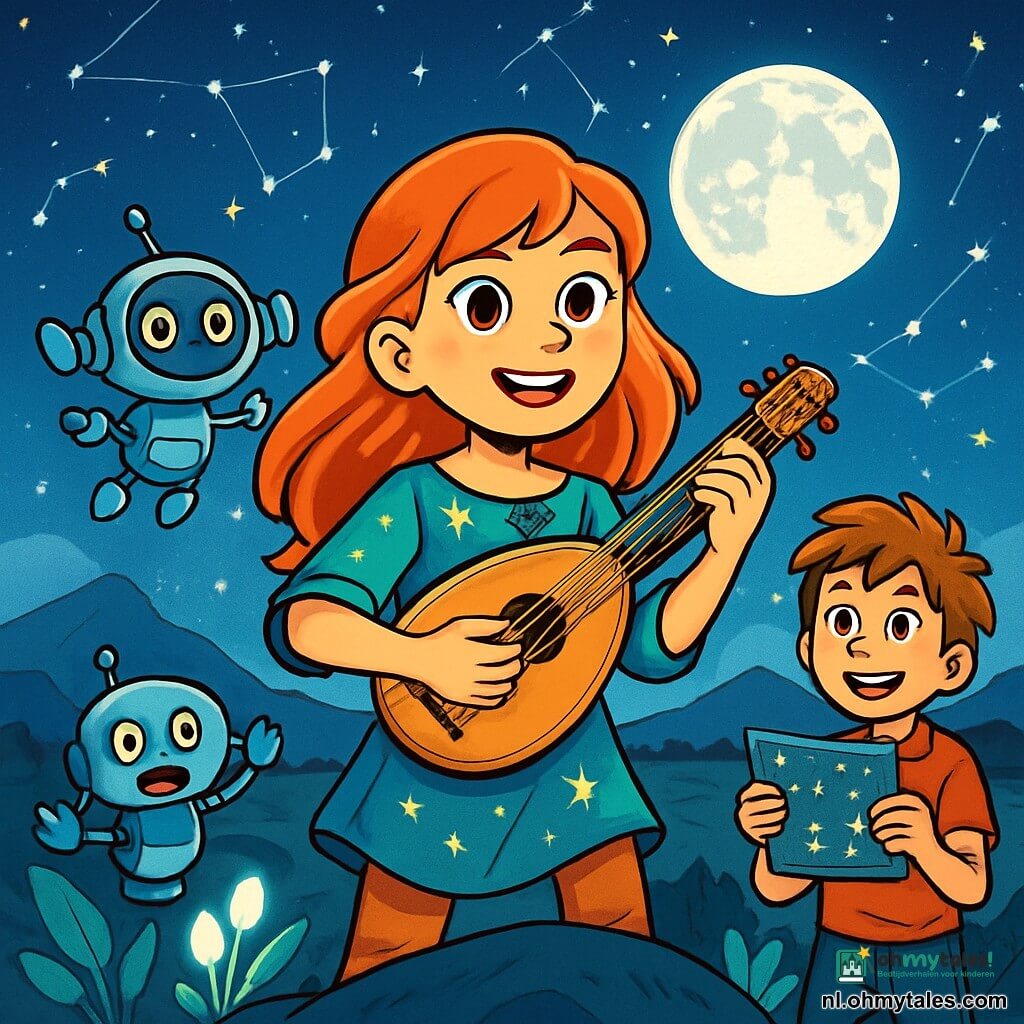 Een jonge vrouw genaamd Liora, met glanzend koperen haar en nieuwsgierige ogen, staat op de top van een heuvel. Ze straalt vastberadenheid uit, haar gezicht verlicht door het sterrenlicht. Ze draagt een lichte tuniek, versierd met fonkelende sterren, en houdt een magische luit in haar handen, klaar om te spelen. Naast haar zweeft Pip, een kleine robot met knopenogen, vrolijk rond. Hij is blauw met zilveren accenten en lijkt ongeduldig, zijn kleine antennes trillen van opwinding. Iets verderop kijkt een jonge jongen, de navigator, van ongeveer 12 jaar, met messy haar en een ondeugende glimlach, naar de scène terwijl hij een sterrenkaart vasthoudt. De omgeving is een uitgestrekt vlakke land onder een stralende nachtelijke hemel, vol fonkelende sterrenbeelden en een grote zilveren maan die het landschap verlicht. Verre bergen tekenen zich af aan de horizon, en luminescente planten stralen een zachte gloed uit. De hoofdactie toont Liora die klaar is om de luit te spelen om een metalen draak te kalmeren die dissonante geluiden maakt, terwijl Pip en de jonge jongen haar aanmoedigen, wat een sfeer van magie en avontuur creëert.
