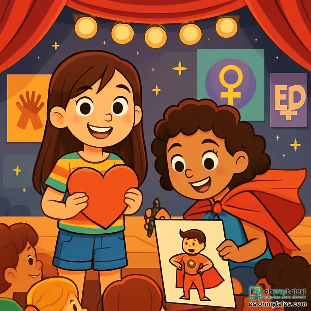 Una niña de 8 años, llamada Martina, con largos cabellos castaños y ojos llenos de curiosidad, sonríe alegremente en un escenario de teatro. Lleva una camiseta de rayas coloridas y un short de mezclilla, sosteniendo un gran corazón de papel en sus manos, simbolizando la amistad y la igualdad. A su lado, otra niña, Sara, también de 8 años, tiene el cabello corto y rizado, y lleva una capa roja. Ella dibuja un superhéroe en una gran hoja de papel, mostrando una expresión concentrada y entusiasta. El decorado es un escenario animado, con cortinas rojas y luces brillantes, donde niños de todas las edades están sentados, cautivados por la actuación. En el fondo, carteles coloridos en las paredes muestran mensajes sobre la igualdad y el respeto. La situación principal muestra a Martina y Sara, rodeadas de sus amigos, interpretando una escena de su obra de teatro sobre la igualdad de género, donde animan a todos los niños a ser ellos mismos y a seguir sus sueños, creando una atmósfera alegre e inspiradora.