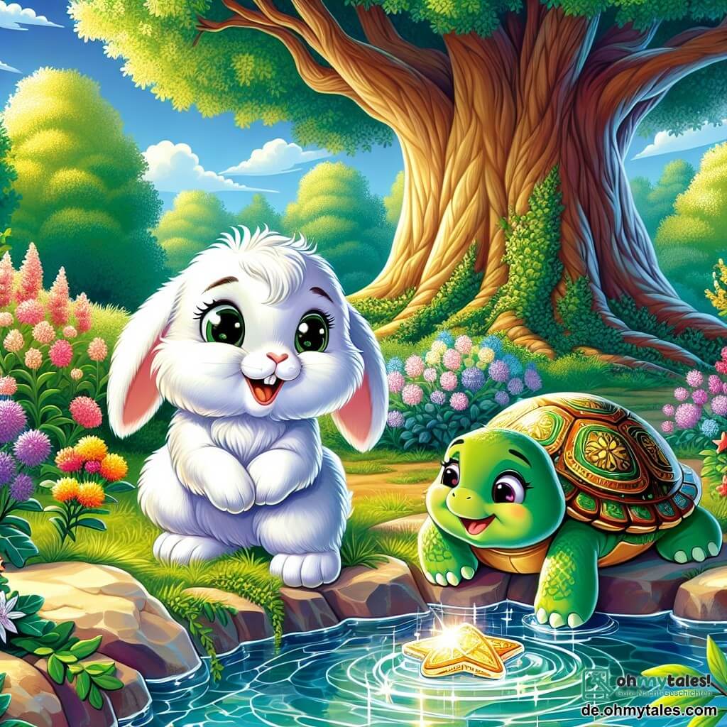 Max, ein kleiner Hase mit strahlend weißem Fell und neugierigen Augen, steht am Rand eines Teiches, mit einem Lächeln auf den Lippen, bereit, einen schimmernden Stein zu holen. Neben ihm schaut Tilly, eine kleine Schildkröte mit einem grünen Panzer, der mit goldenen Mustern verziert ist, bewundernd zu, ihre kleinen Vorderbeine überkreuzt, voller Hoffnung und Aufregung. Im Hintergrund bietet die majestätische Eiche mit ihren üppigen grünen Blättern einen sanften Schatten, während bunte Blumen im Wind um den schimmernden Teich tanzen. Die Szene zeigt Max, der sich darauf vorbereitet, ins Wasser zu springen, während Tilly ihn ermutigt, und schafft eine Atmosphäre von Freundschaft und Abenteuer.