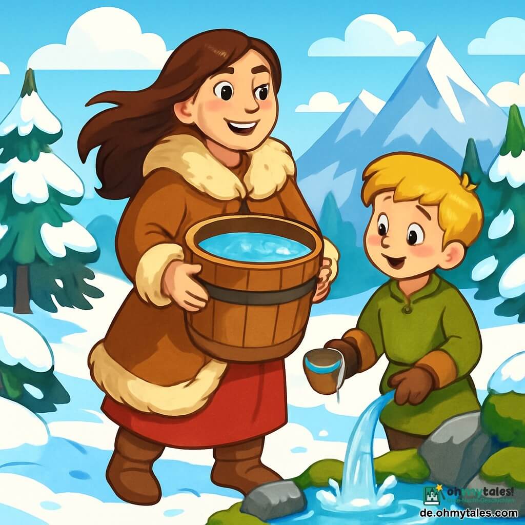 Eine Frau namens Runa, etwa dreißig Jahre alt, steht auf einem verschneiten Boden, mit langen braunen Haaren, die im Wind wehen. Ihr Gesicht zeigt Entschlossenheit und Freude, ihre Augen strahlen Hoffnung aus. Sie trägt einen Pelzmantel und Lederstiefel und hält einen großen Holzbehälter voller schimmerndem Wasser. Neben ihr steht ein etwa 8-jähriger Junge mit rosigen Wangen und blonden Haaren, der den Eimer mit Staunen betrachtet. Er trägt eine Wolltunika und Lederhandschuhe und bereitet sich darauf vor, ein kleines Gefäß mit Wasser zu füllen. Die Szenerie ist eine nordische Landschaft mit majestätischen Bergen im Hintergrund, schneebedeckten Bäumen und einem hellblauen Himmel mit weißen Wolken. Die Szene spielt in der Nähe einer kristallklaren Quelle, die sanft aus dem Boden sprudelt, umgeben von moosbedeckten Steinen. Runa und der Junge stehen nahe der Quelle, wo das Wasser sanft plätschert und eine magische, friedliche Atmosphäre schafft.