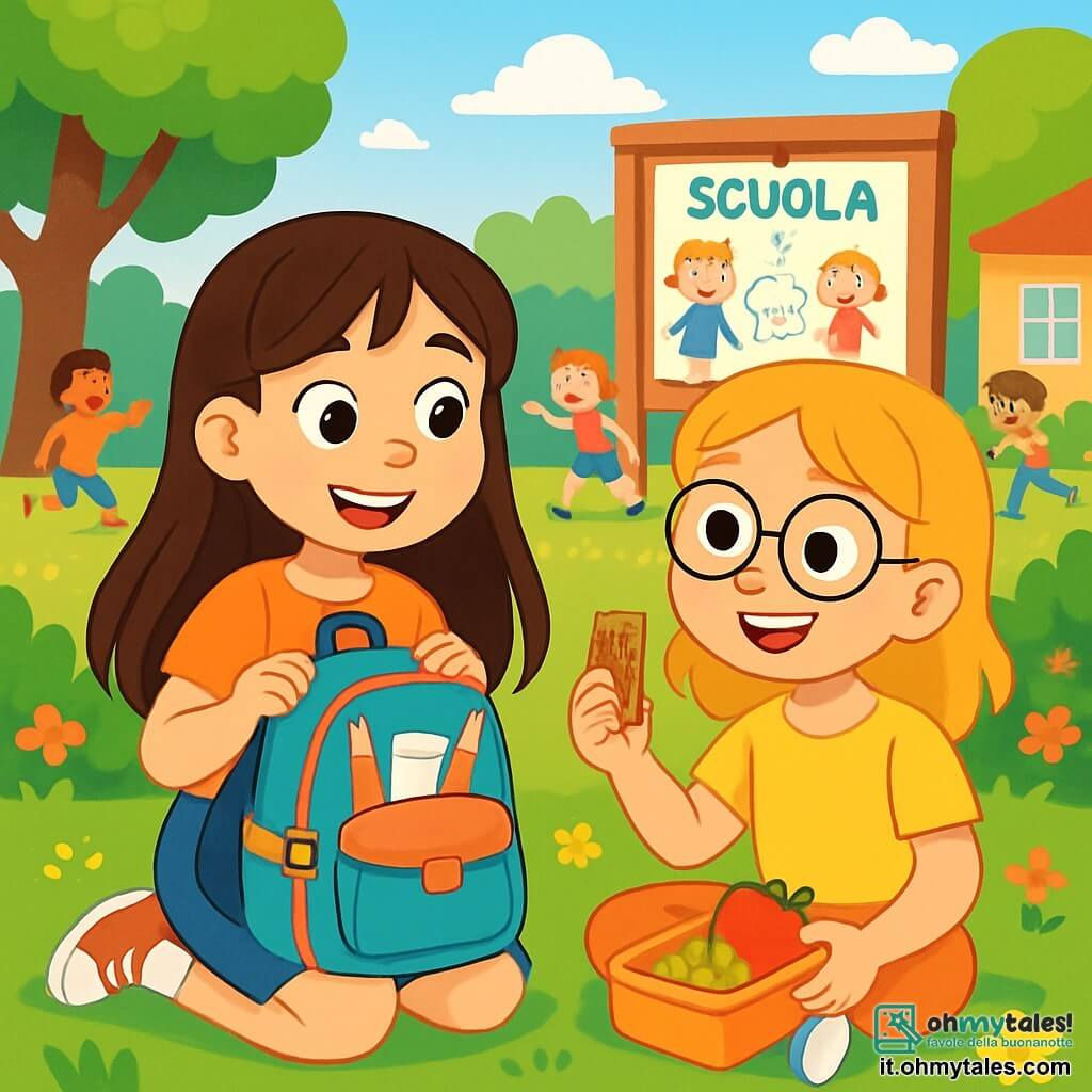 Una ragazza di 8 anni, Sofia, con lunghi capelli castani e occhi brillanti di curiosità, si trova al centro della scena, con un grande sorriso sul volto, mentre tiene uno zaino colorato pieno di materiale scolastico. Accanto a lei, un'altra ragazza, Elena, anch'essa di 8 anni, con capelli biondi e occhiali rotondi, guarda Sofia con entusiasmo, tenendo in mano una barretta di cereali. Lo sfondo è un cortile di scuola soleggiato, circondato da alberi verdi e fiori colorati, con bambini che giocano e ridono sullo sfondo. La scena principale mostra Sofia ed Elena sedute sull'erba, condividendo la merenda, circondate dai compagni di classe, mentre scambiano storie sui loro animali preferiti, con risate e un'atmosfera gioiosa.