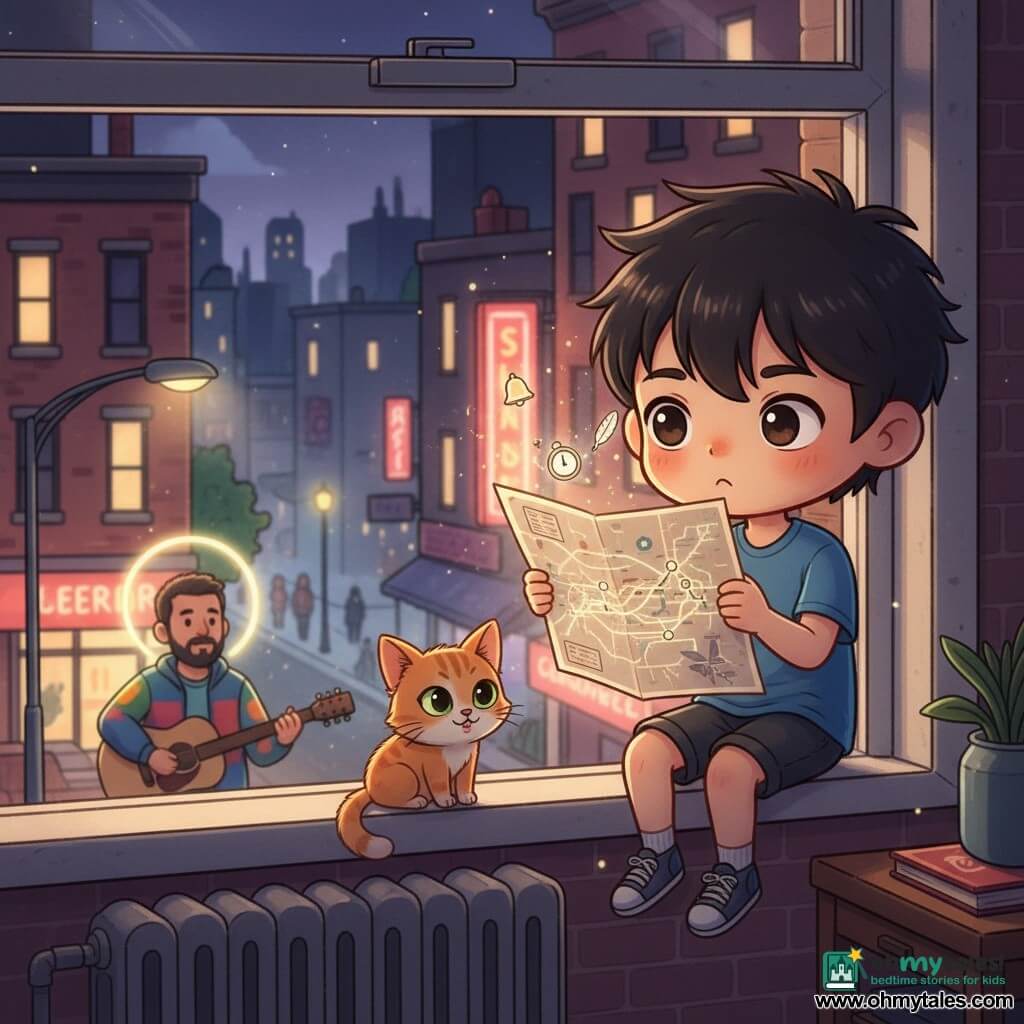 A 12-year-old boy, small and thin, messy black hair, big curious eyes, amazed and a little hesitant, holds an old shiny subway map up to his window light while sitting on a high apartment windowsill with legs swinging; a roughly 30-year-old male busker with a short beard and colorful jacket plays guitar in the street below, seen blurred with a streetlight behind him; a ginger alley cat with mischievous green eyes perches on the radiator watching; the urban twelfth-floor apartment at night has an open window overlooking a lit avenue with brick buildings, neon signs, small pedestrians and a rainy street-food atmosphere; the main moment shows the boy discovering a magical subway map that glows and shifts, its lines sparkling like threads of light and small floating station icons (bell, feather, clock without hands); chibi kawaii style, warm twilight colors (orange, purple, indigo), rounded lines, soft textures and gentle lighting from the interior lamp and streetlamps.