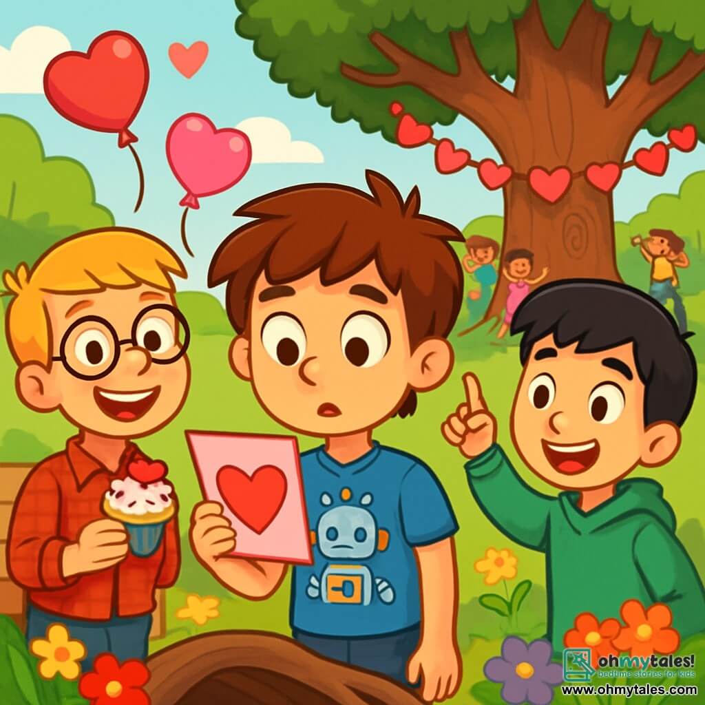 There are 3 characters: Milo, a 10-year-old boy with messy brown hair wearing a blue t-shirt with a robot pattern, standing in the center holding a Valentine's card with a curious look on his face; Ben, a 10-year-old boy with blonde hair and round glasses, wearing a red checkered shirt, standing to the left of Milo, smiling widely and holding a heart-decorated cupcake; and Jake, a 10-year-old boy with smooth black hair in a green sweatshirt, standing to the right of Milo, pointing excitedly at a majestic tree. The scene takes place in a sunny park filled with colorful flowers and leafy trees, featuring a large oak tree with a thick trunk where children play and laugh. Pink and red balloons float in the air, and heart garlands decorate the benches. The main situation shows the three friends on a Valentine's treasure hunt, discovering hidden clues under the tree's roots, surrounded by laughter and joy, with floating hearts illustrating the spirit of friendship and celebration.