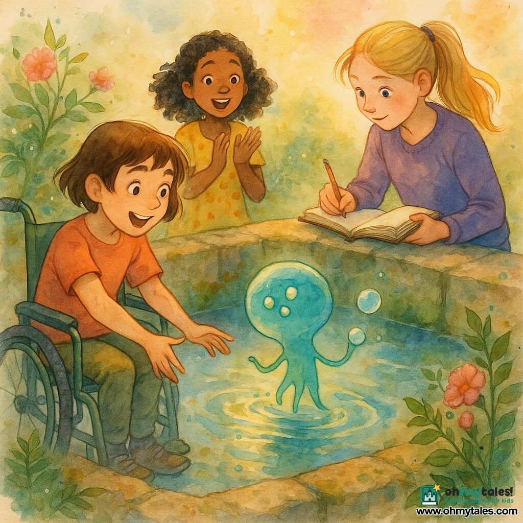 There are four characters: Maya, about 11, short brown hair and lively eyebrows, seated in a green metal wheelchair at the front left reaching toward the creature in the water; Lila, 12, very tall, blond ponytail, wearing a purple sweater and holding an open notebook, standing to Maya’s right leaning over the wash basin writing; Cora, 10, curly black hair, yellow polka-dot dress, standing slightly behind in the middle, clapping and watching the creature in wonder; and Bubble, a small round translucent blue-green nacreous alien with three aligned glowing eyes and thin undulating arms, floating just above the water at the center of the old moss-covered stone wash basin and blowing small glowing bubbles. The shallow basin reflects the sky, surrounded by rounded worn stones, ferns and wild roses with sparkling droplets, lit by warm late-afternoon light that brings out iridescent reflections; the three girls discover and play with Bubble as it counts with them by blowing glowing bubbles (one, two, three), their faces full of wonder and controlled splashes creating bright watercolor-like spots.