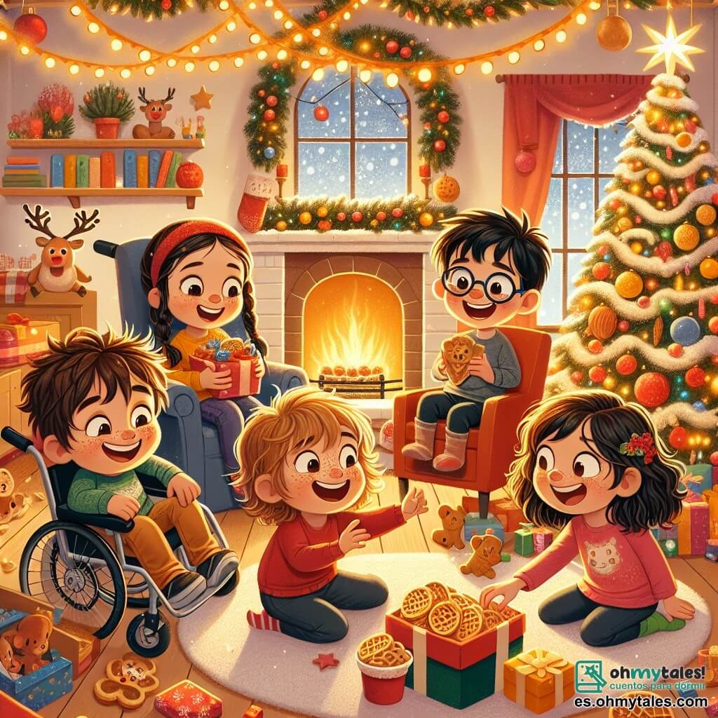 En una acogedora sala de estar decorada para Navidad, vemos a cuatro niños alegres. Mateo, un niño de ocho años, está sentado en su silla de ruedas, con el cabello castaño desordenado y una gran sonrisa en su rostro. A su lado, su hermana Sofía, una niña de diez años con largos trenzas y gafas, señala un árbol de Navidad brillante. Javier, un niño de ocho años con cabello negro y pecas, ríe mientras sostiene un gofre en forma de reno, mientras que Lucía, una niña de siete años con rizos dorados y un vestido rojo, se acerca para tomar un gofre. Todos están rodeados de guirnaldas luminosas y decoraciones coloridas, creando un ambiente festivo. La habitación está llena de calidez, con un gran árbol iluminado en el centro, regalos coloridos debajo y una chimenea crepitante que proyecta una suave luz dorada. La escena muestra a los niños descubriendo una caja sorpresa en la nieve, con expresiones maravilladas en sus rostros, simbolizando la magia de la Navidad y la amistad.