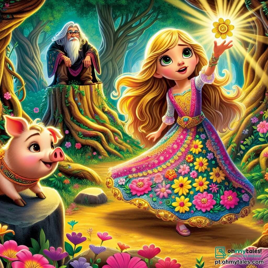 A princesa Lúcia, uma jovem de cerca de 12 anos, está no centro da imagem, com longos cabelos dourados ao vento. Ela usa um vestido colorido adornado com flores vibrantes, seu rosto irradiando determinação corajosa e doce bondade. Ela toca uma flor dourada, com um olhar maravilhado, pronta para enfrentar o desafio que a aguarda. Ao seu lado, um porquinho travesso chamado Tobias, com grandes orelhas e olhos brilhantes, observa Lúcia com um sorriso encorajador. Ele está sentado sobre uma pedra, pronto para acompanhá-la em sua busca. Ao fundo, um velho sábio com uma longa barba branca e olhos brilhantes observa a cena, sentado em um tronco de árvore, seu rosto refletindo sabedoria e bondade. O cenário é uma magnífica floresta encantada, repleta de árvores de troncos retorcidos e flores coloridas que parecem dançar ao ritmo do vento. Raios de sol penetram através da folhagem, iluminando o caminho que Lúcia deve seguir. A situação principal mostra Lúcia, cheia de coragem, se preparando para tocar a flor dourada que despertou a maldição do reino, com Tobias ao seu lado, prontos para começar sua aventura mágica.