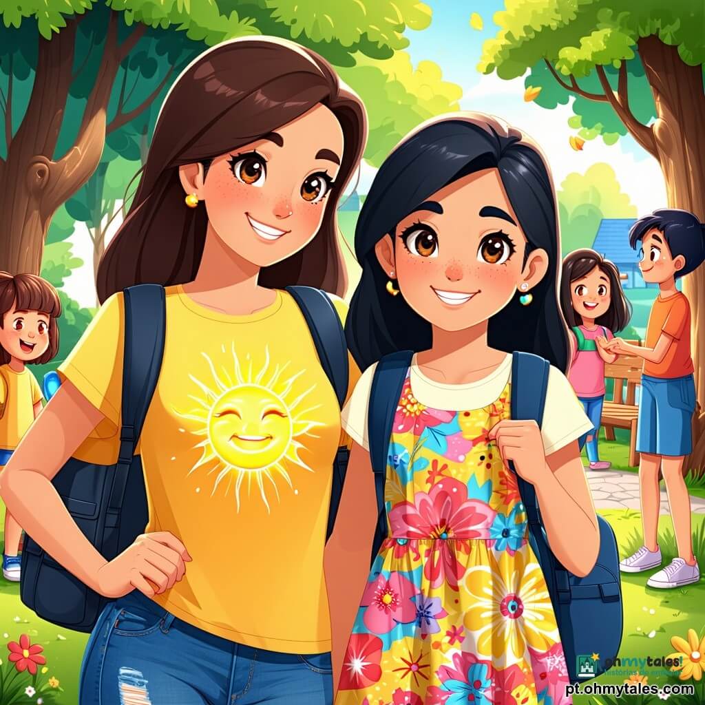 Clara, uma menina de 12 anos, tem cabelos castanhos e olhos cheios de curiosidade. Ela usa uma camiseta amarela com um desenho de sol e um short de jeans, exibindo um sorriso caloroso e uma expressão de entusiasmo. Ao seu lado, Leila, outra menina de 12 anos, tem cabelos negros e olhos escuros, vestida com um vestido colorido de estampas florais. Ela olha para Clara com uma expressão de gratidão e esperança. A cena acontece em um pátio escolar animado, cercado por árvores com folhas verdes brilhantes e bancos de madeira. Crianças riem e brincam ao redor de uma barraca decorada com balões coloridos, onde roupas e brinquedos estão expostos para um bazar de solidariedade. A situação principal mostra Clara e Leila conversando alegremente, cercadas por seus amigos, enquanto organizam o bazar para ajudar crianças necessitadas, criando uma atmosfera de camaradagem e solidariedade.