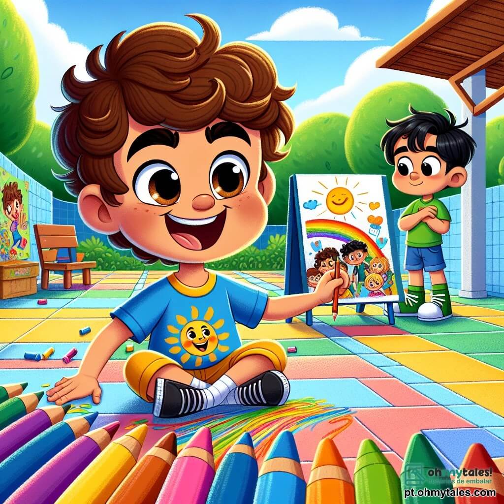 Um garoto de 6 anos, chamado João, está no centro da imagem. Ele tem cabelos castanhos e cacheados, um grande sorriso no rosto e usa uma camiseta azul com um desenho de sol e um short amarelo. João está desenhando em um grande painel mural, cercado por lápis de cor vibrantes, com uma expressão de determinação e alegria. À sua direita, seu amigo Pedro, também um garoto de 6 anos, tem cabelos negros e usa uma camisa verde. Ele olha para João com admiração, um leve sorriso nos lábios, enquanto segura um lápis na mão, pronto para adicionar seu próprio desenho ao mural. O cenário é um pátio escolar ensolarado, com árvores verdes ao fundo e crianças brincando ao longe. O chão é coberto de ladrilhos coloridos, e o grande painel mural está cheio de desenhos vibrantes representando crianças unidas, corações e palavras positivas. A situação principal mostra João e Pedro colaborando para criar um mural da amizade, simbolizando a luta contra o bullying. João desenha com entusiasmo, enquanto Pedro, inspirado, se prepara para participar, ilustrando assim o poder da amizade e da solidariedade.
