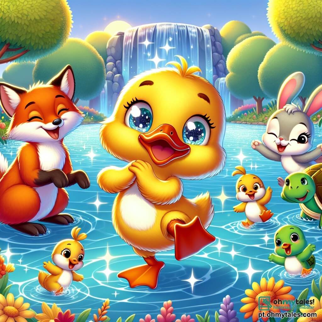 Um pato alegre chamado Quico, com penas amarelas brilhantes e um bico laranja vivo, dança entusiasticamente à beira de um lago cintilante, seus olhos brilhando de curiosidade e felicidade. Ao seu lado, uma raposa astuta chamada Fifi, com pelagem ruiva e olhos travessos, aplaude rindo, enquanto um coelho travesso chamado Rony, com grandes orelhas e pelagem branca, salta alegremente ao redor deles. Ao fundo, uma tartaruga sábia chamada Tuca, com uma carapaça verde e olhos suaves, os incentiva com um sorriso benevolente. O cenário é um lago mágico cercado de flores coloridas e árvores majestosas, onde a luz do sol se reflete na água, criando brilhos como diamantes. A cena mostra Quico e seus amigos dançando e se divertindo, celebrando sua amizade à beira do lago, cheios de alegria e energia.