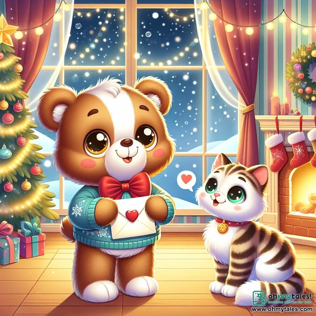 An adorable teddy bear named Button, with shiny eyes and a red bow around its neck, stands in the center of the room, looking determined and joyful, holding a small letter for Santa. Next to him, a graceful cat named Sparkle, with striped fur and sparkling green eyes, watches him curiously from the windowsill, a mischievous smile on her face. The scene takes place in a warm and festive living room, decorated with a large illuminated Christmas tree, sparkling garlands, and stockings hung by the fireplace, while snowflakes gently fall outside. Ready for a magical adventure, Button prepares to deliver the letter to Santa, while Sparkle enthusiastically encourages him, creating a joyful and hopeful atmosphere.