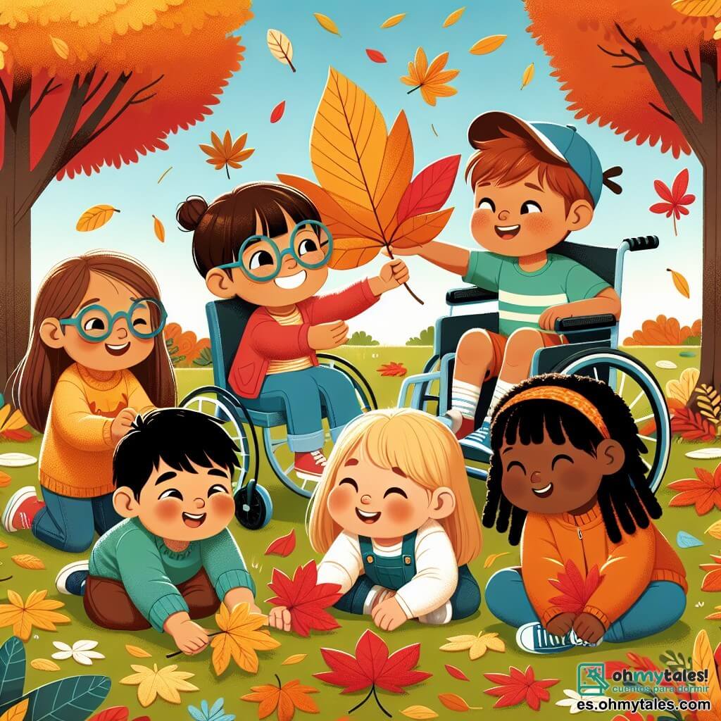 En un parque en otoño, cinco niños juegan juntos. Ana, una niña de 8 años con cabello castaño y gafas, sonríe sosteniendo una hoja roja. Junto a ella, Tomás, un niño de 7 años con cabello rubio y ojos brillantes, muestra una gran hoja amarilla que encontró. Sofía, una niña de 9 años en silla de ruedas, ríe alegremente mientras Lucas, un niño de 8 años con cabello negro y gorra, la ayuda a acercarse a las hojas. Finalmente, está Emma, una niña de 6 años con trenzas y un suéter naranja, que recoge hojas del suelo. El parque está lleno de árboles de colores vibrantes, con hojas que caen suavemente. El suelo está cubierto de un tapiz de hojas amarillas, rojas y naranjas, y el cielo es de un azul claro con nubes blancas. Los niños se sientan en la hierba para crear una hermosa obra de arte con las hojas que han recogido, riendo y animándose mutuamente en un ambiente alegre y festivo.