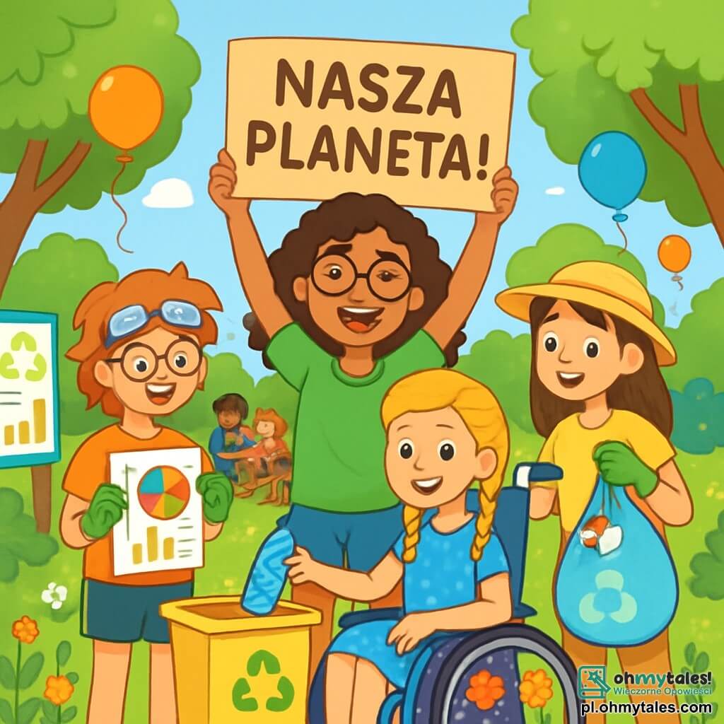 Jest czterech dzieci: Nadia, 12-letnia dziewczynka z kręconymi brązowymi włosami i okularami, trzyma duży kartonowy plakat z napisem "To nasza planeta!", stoi w centrum, uśmiechnięta i pełna energii; Zosia, 12-letnia dziewczynka z warkoczami blond, w kolorowym wózku inwalidzkim, w niebieskiej sukience w kropki, pomaga młodszym segregować odpady; Maja, 12-letnia dziewczynka z rozczochranymi rudymi włosami i okularami ochronnymi na czole, pokazuje kolorowy wykres, tłumacząc znaczenie recyklingu, stoi po lewej stronie Nadii; Klara, 12-letnia dziewczynka z gładkimi kasztanowymi włosami i słomkowym kapeluszem, w żółtej koszulce i materiałowych spodniach, stoi po prawej stronie Nadii, trzyma torbę z recyklingowymi odpadami, zachęcając dzieci do uczestnictwa. Akcja rozgrywa się w słonecznym parku, otoczonym zielonymi drzewami i kolorowymi kwiatami, z drewnianymi stołami piknikowymi, bawiącymi się dziećmi na trawie i tablicami informacyjnymi o recyklingu. Dzieci organizują wielkie wydarzenie sprzątania i recyklingu, zbierają odpady, segregują plastik i papier, uśmiechając się i radośnie rozmawiając. Atmosfera jest dynamiczna i pełna entuzjazmu, ilustrując ich zaangażowanie w ochronę środowiska.