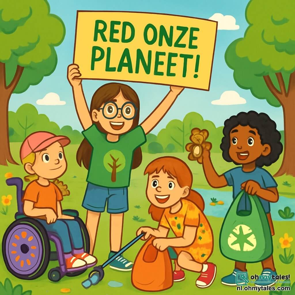 Er zijn 4 kinderen: - Eva: een 11-jarig meisje met lang bruin haar en ronde brillen. Ze draagt een groene t-shirt met een tekening van een boom en een spijkerbroekshort. Ze houdt een groot bord met de tekst "Red onze planeet!" en glimlacht enthousiast. - Sara: een 10-jarig meisje met blonde vlechten en een roze pet. Ze zit in een rolstoel versierd met kleurrijke stickers en kijkt nieuwsgierig om zich heen. - Meike: een 12-jarig meisje met rood haar en sproeten. Ze draagt een bloemenjurk en sneakers. Ze zit op de grond en raapt afval op met een grijper, met een grote glimlach op haar gezicht. - Noor: een 11-jarig meisje met krullend zwart haar en een blauwe t-shirt. Ze houdt een recyclingzak vast en toont een oud speelgoed aan haar vrienden, met een trotse blik. De locatie is een groen park vol majestueuze bomen met schitterende bladeren, kleurrijke bloemen en een helderblauwe lucht met donzige witte wolken. In de verte is er een klein vijvertje waar eenden zwemmen, en kinderen spelen op schommels. De hoofdactie toont de vier vrienden die samenwerken om het park schoon te maken. Ze rapen afval op, wisselen glimlachen en lachen uit, terwijl een groep buren hen bewonderend gadeslaat, geïnspireerd door hun inzet voor milieubescherming.