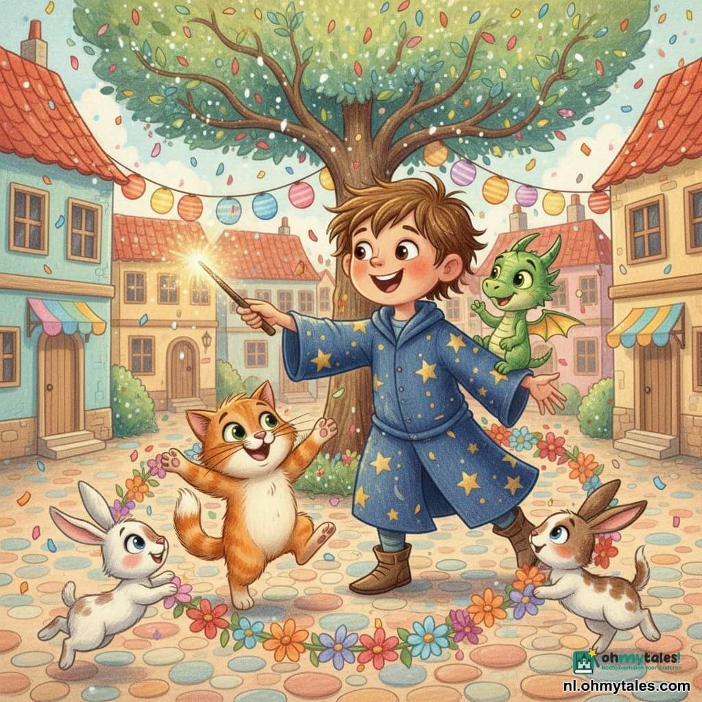 Timo, een 5‑jarige leerling‑tovenaar met warrig bruin haar en een blauwe sterrenmantel, zwaait met een fonkelende toverstok en lacht terwijl hij een vonkje laat verschijnen; zijn kleine puppy‑grote draak Max, mannetje met glanzende groene schubben en ondeugende ogen, vliegt bij hem in de buurt; een pratende roodharige poes met zachte vacht en groene ogen danst op haar achterpoten en lacht; twee witte en gevlekte konijntjes houden bloemenkransen vast en huppelen rond; op het dorpsplein met kleurrijke kasseien, pastelkleurige huizen en een grote fonkelende boom hangt feestelijke verlichting en confetti — vrolijke scène waarin Timo met zachte, kleurpotloodachtige lijnen, warme verzadigde kleuren en uitgesproken glimlachen de dieren tot leven brengt.