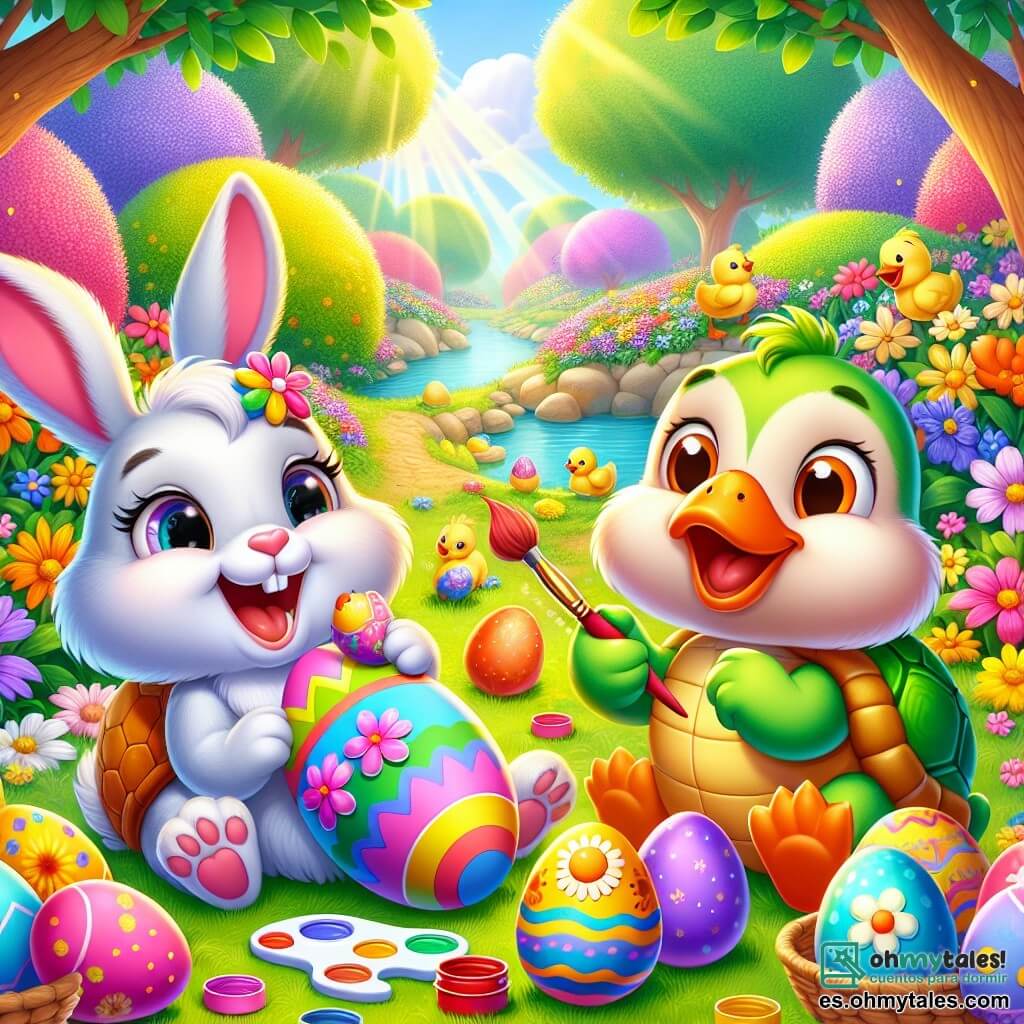 Un adorable conejito llamado Pipo, con un pelaje colorido como un arcoíris, orejas rosas y una cola naranja, está pintando huevos de Pascua con una gran sonrisa en su rostro. A su lado, una tortuga llamada Tula, con un caparazón verde y ojos dulces, observa con asombro un huevo que acaba de decorar con flores coloridas. Un pato llamado Pato, con plumaje amarillo brillante y un aire juguetón, sostiene un pincel en su pico y añade dibujos de patitos en un huevo. El fondo es un jardín encantador, lleno de flores brillantes, árboles verdes y rayos de sol que iluminan la escena. La situación principal muestra a Pipo y sus amigos en plena actividad, rodeados de numerosos huevos de Pascua coloridos, riendo y divirtiéndose juntos en un ambiente festivo y alegre.