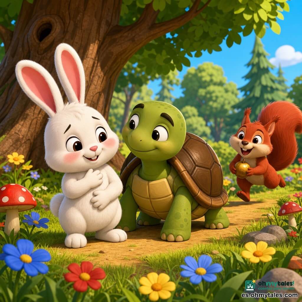 Un pequeño conejo blanco y esponjoso de orejas largas y rosadas, ojos redondos y brillantes, sonrisa tímida y mejillas sonrosadas, sostiene su vientre como si sintiera mariposas; a su lado una tortuga verde con caparazón marrón pulido, ojos dulces y cejas amigables, apoyada en el suelo; un pequeño ardilla rojiza de pelaje alborotado y ojos vivaces corre hacia ellos con una nuez dorada, ubicada ligeramente al fondo a la derecha; la escena transcurre en un claro soleado del bosque con hierba tierna, flores azules, amarillas y rojas, algunos hongos redondos y un gran árbol de tronco texturizado al fondo; ambiente cálido y lúdico, colores vivos y luz dorada, composición centrada en el trío mostrando al conejo curioso y emocionado entre amigos reconfortantes.