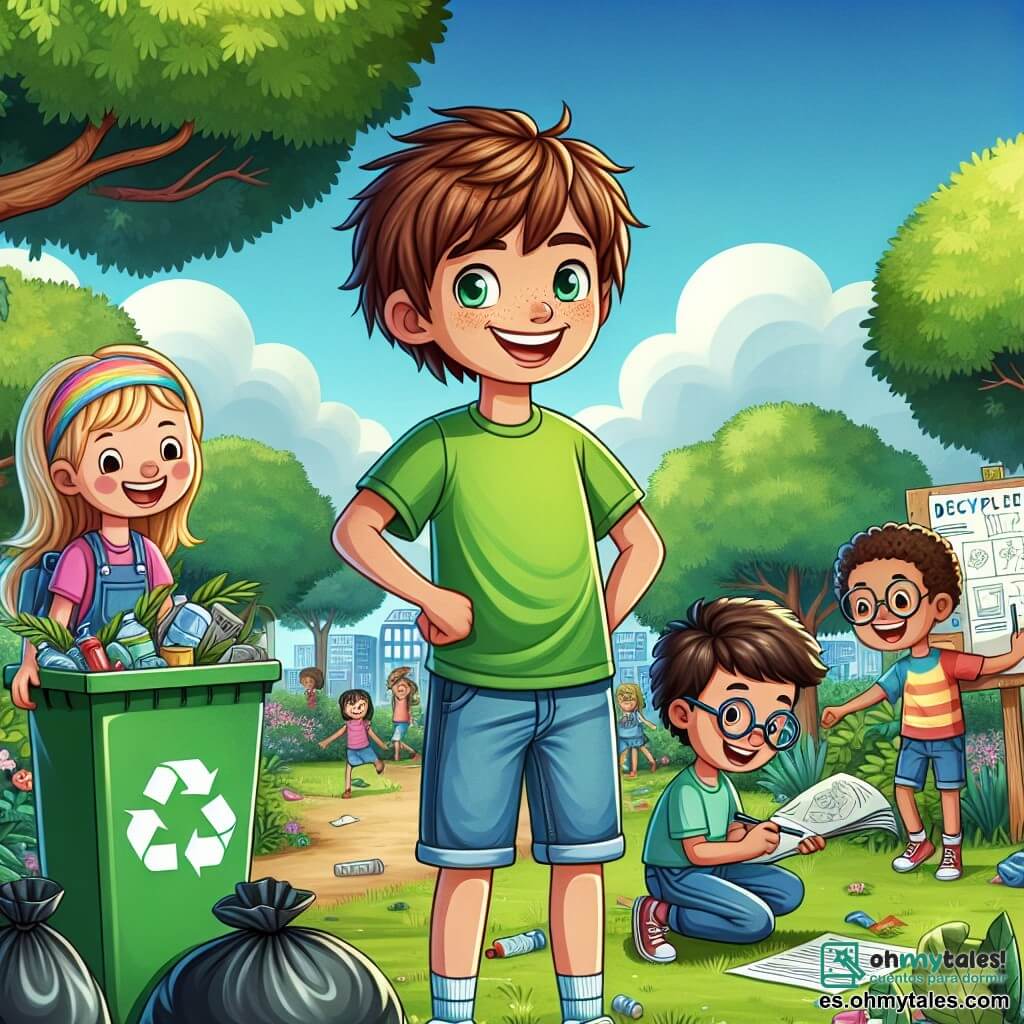 Un chico de 12 años, Lucas, con el pelo castaño desordenado y ojos llenos de determinación, está en el centro de la imagen, sonriendo con entusiasmo. Lleva una camiseta verde brillante y pantalones cortos de mezclilla, sosteniendo un gran contenedor de reciclaje, listo para llenarlo de basura. A su lado, Sara, una niña de 11 años con pelo largo y rubio, con una diadema colorida, cuelga un cartel de cartón que dice "¡Protejamos nuestro parque!" y muestra una sonrisa radiante. Tomás, un chico de 12 años con gafas redondas y piel morena, está sentado en el suelo, dibujando planes para un proyecto ecológico en una hoja de papel, con expresión concentrada. Al fondo, el parque verde está lleno de árboles majestuosos, flores coloridas y risas de niños jugando. Hay bolsas de basura esparcidas a su alrededor, y el sol brilla en un cielo azul claro, creando un ambiente alegre y dinámico. La escena principal muestra a Lucas y sus amigos limpiando el parque, llenando bolsas de basura mientras se divierten, ilustrando su compromiso con la ecología.