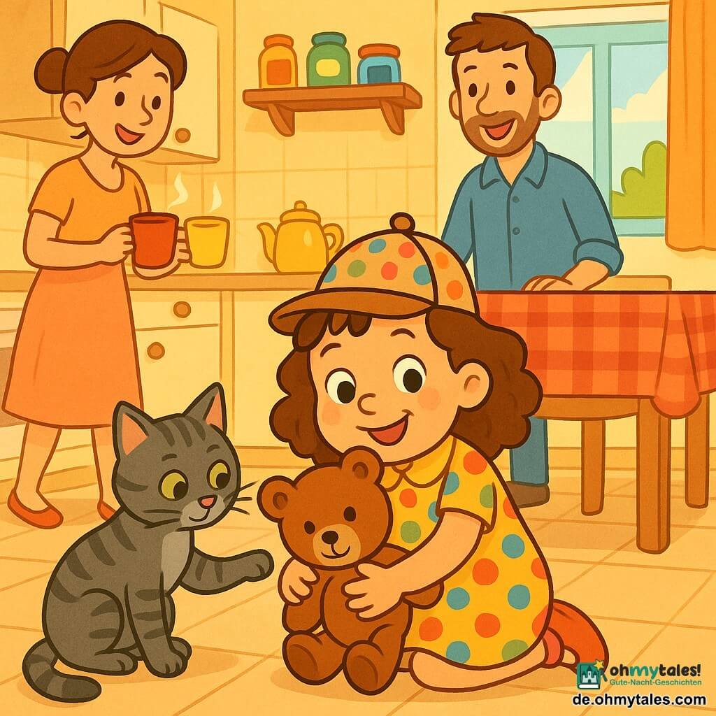 Ein vierjähriges Mädchen, freudig und stolz, mit schulterlangen braunen Locken, haselnussbraunen Augen, bunter gepunkteter Kleidung und kleiner lustiger Mütze hockt auf dem Boden und umarmt einen braunen Teddybär; die Katze Minka, grau getigert mit neugierigen grünen Augen, sitzt daneben und stupst den Bären spielerisch mit der Pfote; ein etwa 35-jähriger Vater mit leichtem Bart und blauem Hemd steht im Hintergrund bei der Küche und lächelt, die etwa 33-jährige Mutter mit zusammengebundenen Haaren und pastellfarbener Kleidung bringt von links zwei Tassen heiße Schokolade; die helle, warme Küche mit hellen Fliesen, Holztisch mit rotkariertem Tischtuch, Regalen mit bunten Gläsern und einem Tageslichtfenster vermittelt eine sanfte, lebhafte, kindlich-warme Szene, die zeigt, dass die kleine Detektivin ihren Bären wiedergefunden hat und mit der Katze zufrieden ist.