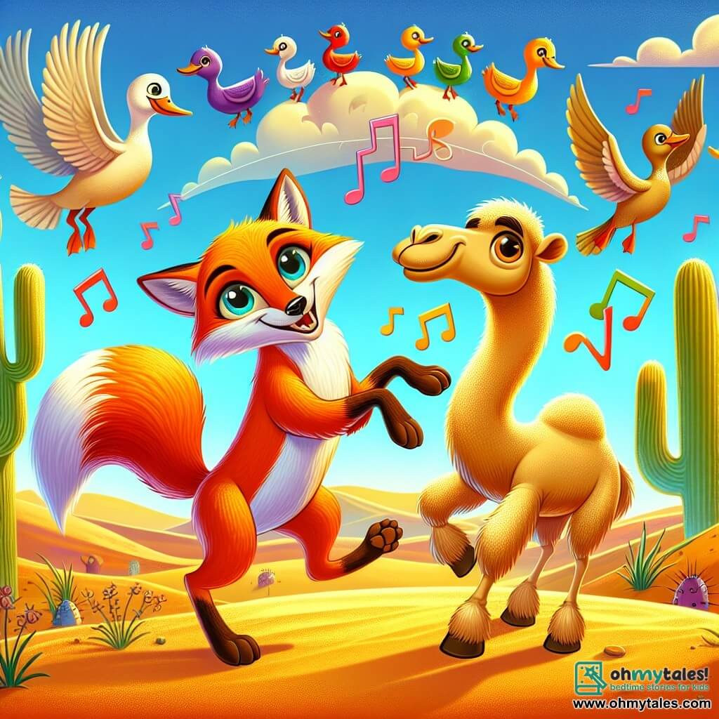 A bright orange fox with a bushy tail, sparkling curious eyes, and a wide smile stands at the center of the scene, surrounded by ducks flying in formation in the sky. To its right, a beige dromedary with mischievous large eyes, looking amused, dances in rhythm with the fox. In the background, a top hat-shaped cloud floats, with colorful musical notes escaping from it. The setting is a golden desert dotted with oddly shaped cacti and rolling dunes, under a bright blue sky. The scene depicts the fox and the dromedary performing a joyful dance, while the ducks form a heart in the sky, creating a festive and cheerful atmosphere.