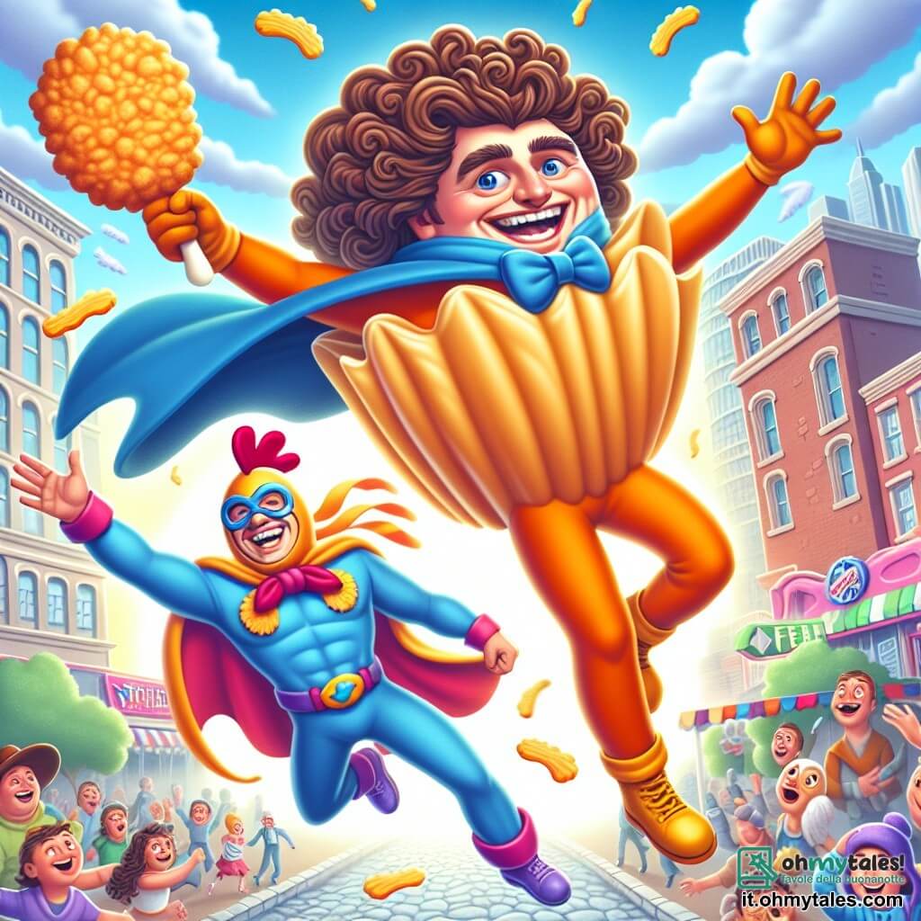 Un supereroe di nome SuperFrittella, un uomo di circa trent'anni con un costume colorato a forma di frittella, sorridente e pieno di energia, vola sopra una città animata, pronto a lanciare una frittella gigante. I suoi capelli sono castani e ricci, e indossa un mantello che fluttua dietro di lui come una bandiera gioiosa. Accanto a lui, PolloMan, un uomo di circa 25 anni, vestito con un costume da pollo gigante e una maschera da pollo, ride di gusto mentre tiene un cartello con una barzelletta sulle galline. La scena si svolge in una strada affollata di una città colorata, con edifici dalle facciate vivaci, bambini che ridono e persone che guardano con meraviglia. Nuvole a forma di frittelle fluttuano nel cielo blu, aggiungendo un tocco di magia all'atmosfera. La situazione principale mostra SuperFrittella che lancia una frittella gigante verso il malvagio Il Gelo, un personaggio sullo sfondo, che è sorpreso e ride, mentre gelati volano intorno a lui, creando una scena dinamica e umoristica.