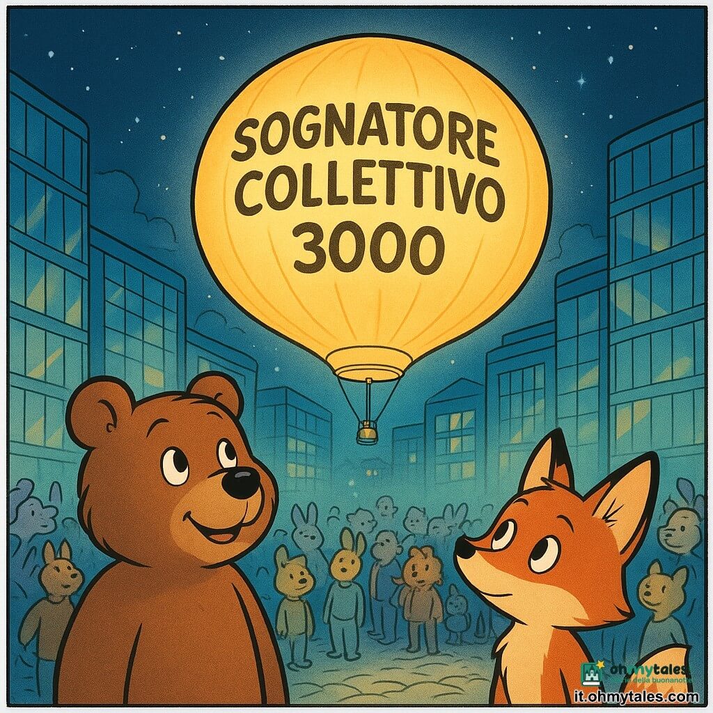 Baldo, un giovane orso bruno dal pelo morbido e dagli occhi scintillanti, si trova al centro della piazza di Vetracosta, con un sorriso pieno di speranza sul volto. Accanto a lui, Lilla, una piccola volpe dal pelo rosso brillante, osserva con curiosità il Sognatore Collettivo 3000, un grande pallone luminoso che fluttua sopra la piazza. La piazza centrale di Vetracosta è circondata da edifici di vetro scintillanti, che riflettono la luce delle stelle nel cielo notturno. Gli abitanti della città, animali di ogni tipo, si radunano attorno, i loro volti illuminati dal bagliore del dispositivo. La scena principale mostra il momento magico in cui il Sognatore Collettivo 3000 inizia a emettere una luce soffusa e colorata, avvolgendo la folla in un'atmosfera di sogno e meraviglia.