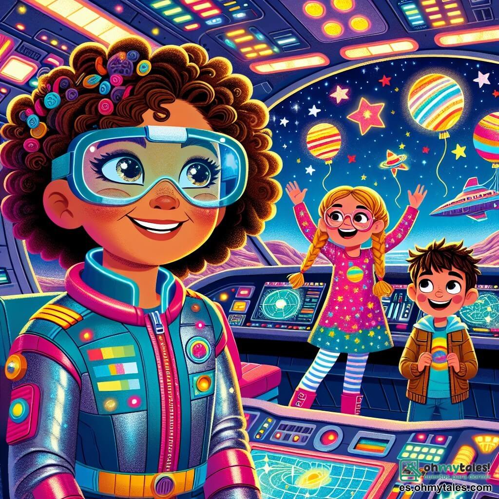 La capitana Lila, una mujer sonriente con cabello rizado y gafas futuristas, se encuentra frente al panel de control de su gran nave espacial. Tiene ojos brillantes de emoción y lleva un uniforme brillante de colores vivos. A su lado, un niño de 10 años, Lucas, con cabello rubio y gafas redondas, mira maravillado las estrellas a través de la ventanilla. Una niña de 9 años, Mia, con trenzas y una camiseta con motivos de planetas, baila alegremente en el pasillo, con ojos llenos de alegría. La escena ocurre dentro de la nave espacial, que está llena de luces centelleantes y pantallas que muestran mapas estelares. Estrellas coloridas y planetas en forma de globos flotan afuera, iluminando el paisaje. La situación principal muestra a Lila y los niños preparando su viaje hacia la estación educativa “Estrella Feliz”, llenos de entusiasmo y curiosidad, listos para explorar el universo.