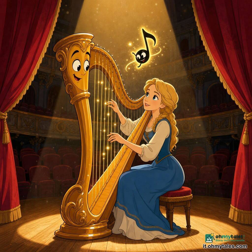 Sofia, giovane musicista di circa 20 anni, capelli biondo miele in trecce sciolte, occhi azzurri, volto dolce e concentrato, sorridente e determinata, seduta al centro del palco a pizzicare le corde di un’arpa dorata; l’arpa, grande e lucente, legno verniciato e ornamenti dorati, corde che scintillano come fili di sole, posta davanti a lei e inclinata verso di lei; una piccola nota musicale animata, nera con contorno luminoso dorato e occhi maliziosi, fluttua sopra le corde come una piccola farfalla sonora che Sofia cerca di catturare; luogo: un vecchio teatro con un grande sipario di velluto rosso, pavimento di legno lucido, un faretto caldo che illumina un cerchio di luce e file di poltrone vuote con polvere visibile nei raggi; situazione: Sofia, in un alone di luce, suona dolcemente per far uscire la piccola nota perduta dalle corde dell’arpa; atmosfera magica, calma e piena di speranza.