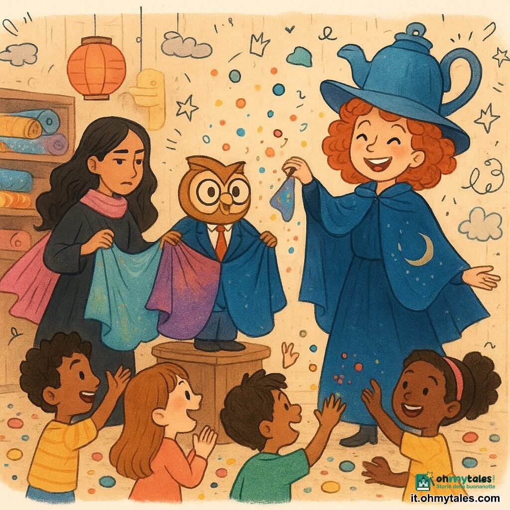 La strega principale è Pimpinella, donna vivace con grande cappello a forma di teiera, capelli ricci rossi, occhi sorridenti e mantella blu vellutata ricamata con una luna baffuta: scuote una tasca da cui cadono coriandoli colorati; la rivale Zefira, snob di 30–35 anni, con lunga sciarpa rosa svolazzante e abito nero impeccabile, sta a sinistra lisciando una mantella brillante; il sindaco Mastro Bartoldo, uomo adulto in completo con testa tondeggiante da civetta e occhiali tondi, è al centro-front su una pedana che ride sorpreso indossando due mantelle sovrapposte; davanti un gruppo di bambini (6–10 anni) salta e applaude meravigliato, alcuni afferrano bottoni di gelatina rimbalzanti; l’officina è interna, calda e caotica con rocchetti che fluttuano, pareti in legno, scaffali pieni di tessuti stellati, lanterne di carta e pavimento coperto di bottoni e coriandoli; scena principale di parata gioiosa e caotica con mantelle che cambiano colore, bottoni gelatinosi rimbalzanti, campanellini tintinnanti e piccoli cuori di zucchero volanti, palette vivace (blu notte, rosa, gialli caldi), stile illustrativo infantile a tratti rotondi, texture di tessuto visibili e overlay di doodle giocosi.