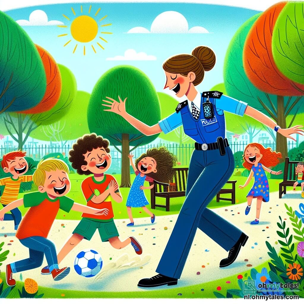 Een glimlachende politieagente, Lena, staat in het midden van de afbeelding. Ze is een vrouw van ongeveer dertig jaar met bruin haar in een bun, gekleed in een heldere blauwe uniform en een badge die in de zon schittert. Ze speelt met een groep kinderen in een park en lacht vrolijk. Onder de kinderen is er een 8-jarig jongetje met rommelig blond haar dat enthousiast een bal gooit. Naast hem staat een 7-jarig meisje met krullend haar in een kleurrijke jurk dat lachend applaudisseert. Ze worden omringd door andere kinderen die zich ook vermaken. Het park is groen, met grote bomen met glanzende bladeren, kleurrijke bloemen en een stralende blauwe lucht. Een grindpad slingert door het park en er staan hier en daar houten banken. De hoofdscène toont Lena, de politieagente, die met de kinderen ballen speelt terwijl ze hen het belang van veiligheid uitlegt. Lachen en plezier vermengen zich met leren, wat een vrolijke en vriendelijke sfeer creëert.