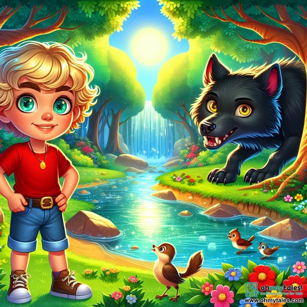 A 6-year-old boy named Leo, with curly blonde hair and sparkling blue eyes, stands bravely by a shimmering stream. He wears a red t-shirt and denim shorts, displaying a determined smile on his face. Next to him is a big bad wolf, with black fur and golden eyes, looking both surprised and curious, with a less threatening expression, as if wanting to play. The setting is a magical forest, with majestic trees featuring bright green leaves, colorful flowers dancing in the wind, and a crystal-clear stream reflecting the sun. The main scene shows Leo, holding a golden whistle to his lips, ready to call his animal friends for help against the wolf, while birds and squirrels approach, curious about what's happening.