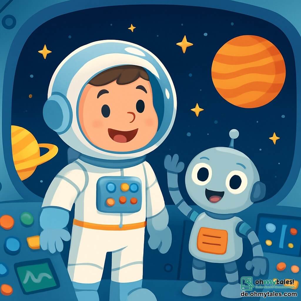 Ein Astronaut namens Leo steht in seinem Raumschiff mit einem breiten, aufgeregten Lächeln im Gesicht. Er trägt einen glänzenden silbernen Anzug mit blinkenden Lichtern und einen transparenten Helm, der die Sterne reflektiert. Neben ihm hebt ein kleiner Roboter namens Max mit runden Augen und einem metallischen Körper den Arm zum Abschied und zeigt einen fröhlichen Gesichtsausdruck. Das Raumschiff ist mit bunten Knöpfen und leuchtenden Bildschirmen gefüllt und schwebt im dunklen Weltraum, der mit funkelnden Sternen übersät ist. Draußen ist eine wunderschöne Aussicht auf farbenfrohe Planeten mit leuchtenden Ringen und bunten Wolken zu sehen. Die Hauptsituation zeigt Leo, der bereit ist, zu einer neuen Welt zu starten, mit einem Abenteuerfunken in den Augen, während Max, sein treuer Begleiter, ihn begeistert anfeuert.