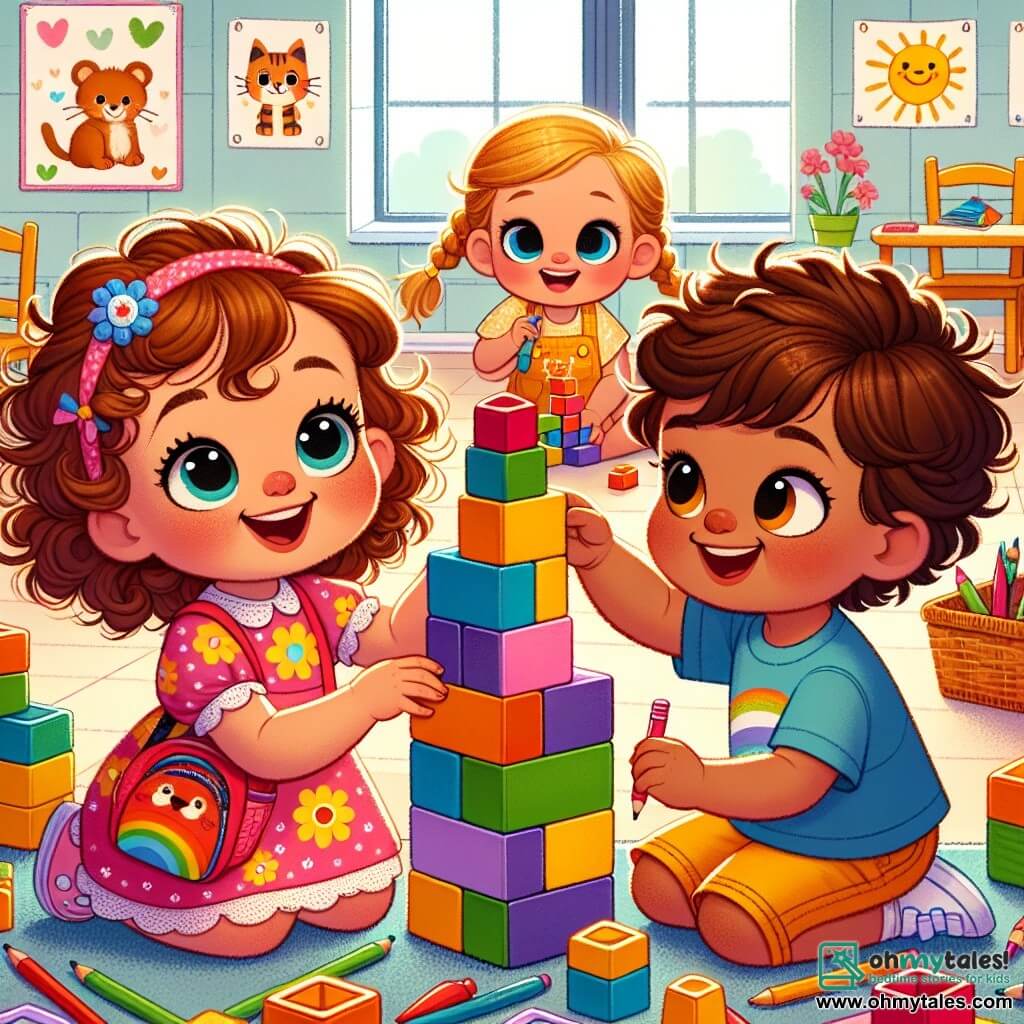 A 3-year-old girl named Lily, with big bright eyes and bouncy curly hair, smiles joyfully as she builds a tower of colorful blocks. She wears a pink dress with flower patterns and a small red backpack with a smiling sun. Next to her, a 4-year-old boy named Ben, with messy brown hair and a blue t-shirt, helps her stack the blocks, his face beaming with enthusiasm. In a corner of the classroom, a 3-year-old girl named Mia, with braided blonde hair and a yellow dress, draws a cat with colored pencils. She looks at Lily and Ben with curiosity, ready to join them. The setting is a bright and colorful classroom, decorated with animal drawings and letters, featuring wooden tables and chairs, and a soft carpet where the children play. The main scene shows Lily and Ben focused on their construction, surrounded by laughter and creativity, while Mia watches, eager to share her drawing with them.