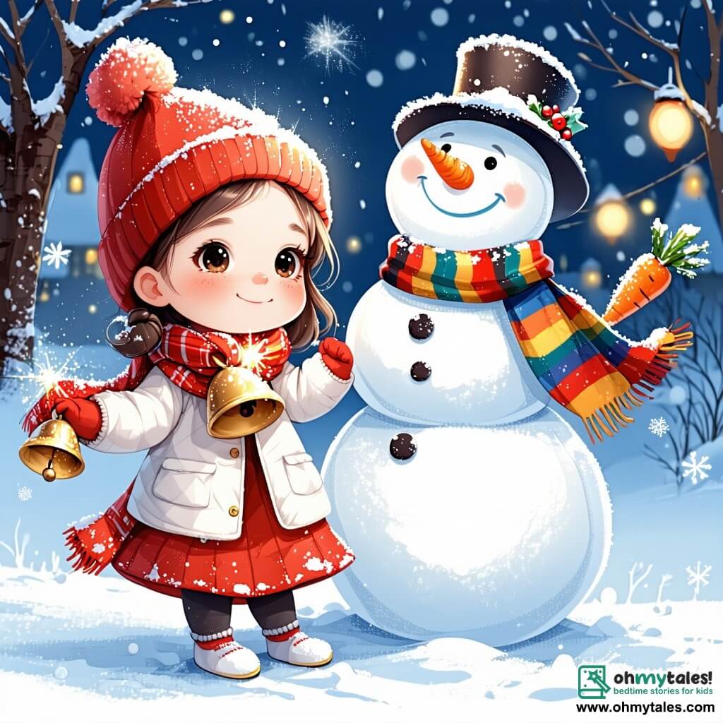 A one-year-old girl with sparkling big eyes and rosy cheeks wears a shiny red hat. She smiles in wonder while holding a small golden bell that sparkles in her hand. Next to her, a smiling snowman, about three years old, with a carrot nose and a colorful scarf, dances joyfully in the snow, surrounded by gently falling snowflakes. The setting is a winter wonderland with snow-covered trees, giant candies, and twinkling lights illuminating the starry sky. The little girl and the snowman have fun together, creating snowflakes as they twirl and laugh, while the bell rings joyfully in the air.