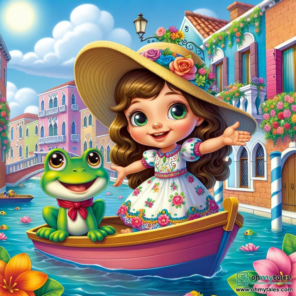 In this scene, there are two main characters: 

1. **Lily** is a 7-year-old girl with long brown hair and sparkling eyes. She wears a colorful dress with flower patterns and a straw hat. She stands at the edge of a small boat, arms open, smiling in wonder.

2. **Freddie** is a smiling green frog, about the size of a child's hand. He sits on Lily's shoulder, with round, bright eyes, and wears a small red scarf around his neck.

The setting is a picturesque canal in Venice, surrounded by pastel-colored houses and flower-filled balconies. The sky is bright blue with fluffy white clouds, and the sun shines, making the water sparkle.

The main situation shows Lily and Freddie sailing on the boat, with flowers floating on the water's surface and colorful fish joyfully jumping around them. They are on a quest for a lost shining pearl, symbolizing their adventure and friendship.