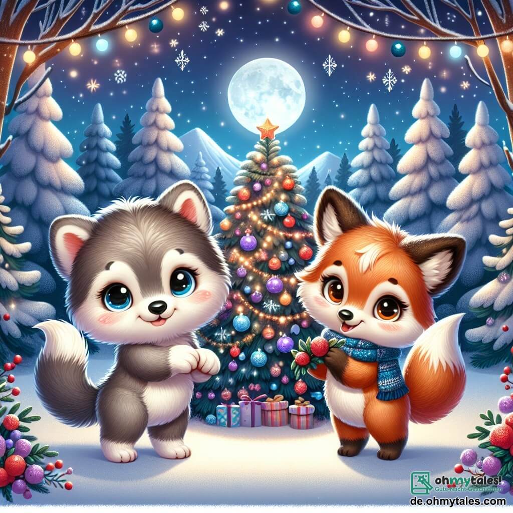 In einer zauberhaften Winterlandschaft steht ein kleiner Wolf namens Lupo mit seinem weichen grauen Fell und neugierigen leuchtenden Augen vor einem wunderschönen Weihnachtsbaum, der mit bunten Beeren und funkelndem Schnee geschmückt ist. Er lächelt breit vor Freude und Aufregung, während er den vom Mondlicht erleuchteten Baum bewundert. Neben ihm springt ein kleiner Fuchs namens Felix mit seinem strahlend roten Fell und dem flauschigen Schwanz vor Freude, seine Augen funkeln vor Begeisterung. Er hält eine Girlande aus Beeren in seinen Vorderpfoten und ist bereit, den Baum noch weiter zu schmücken. Die Szenerie zeigt einen charmanten verschneiten Wald, in dem majestätische Bäume mit einer dicken Schneeschicht bedeckt sind und Sterne am Nachthimmel leuchten, was eine magische und warme Atmosphäre schafft. Die Hauptszene zeigt Lupo und Felix, die ihren Weihnachtsbaum schmücken, umgeben von der Magie des Winters und teilen einen Moment des Glücks und der Freundschaft, bereit, gemeinsam das Weihnachtsfest zu feiern.