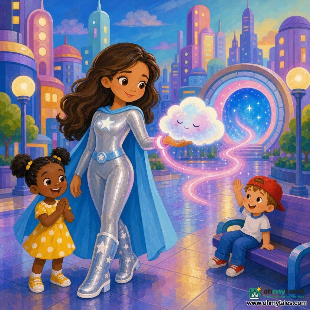A gentle smiling female superhero in a shiny silver costume, round starry boots and a soft blue cape extends a hand holding a glowing pink wristband that emits a ribbon-like light, cradling a small fluffy pearly-white space cloud with blue-pink highlights and closed eyes above a sidewalk in Skybright City at dusk; a 5-year-old girl with pigtails in a yellow polka-dot dress claps and smiles at lower left, a 4-year-old boy in a red cap and blue pants sits on a bench at right waving, pastel-lit tall towers, softly flashing round streetlights, shiny paved ground and an open round space gate in the background, the heroine guiding the lost cloud toward the gate with a wavy path of light, calm soft colors and simple patterns suitable for toddlers.