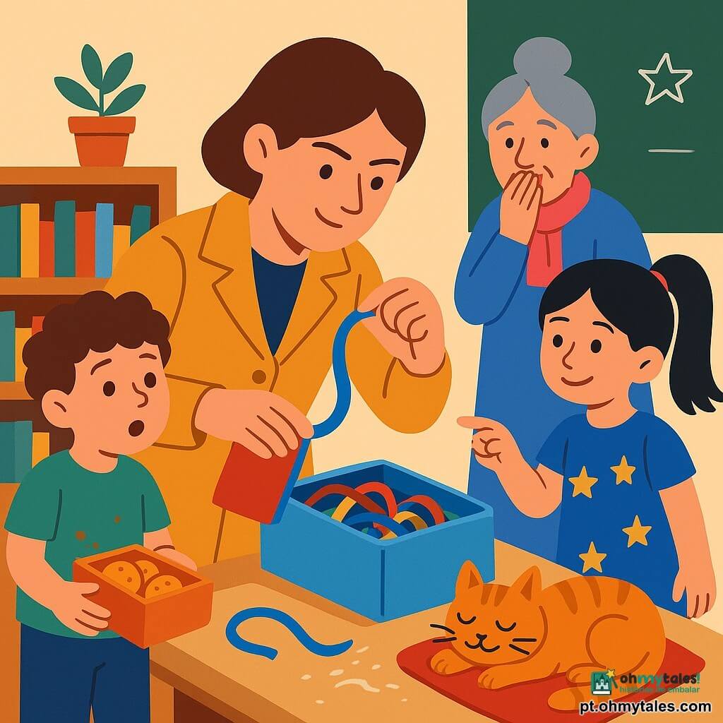 A protagonista é uma detetive sorridente e concentrada, cabelos curtos castanhos, jaqueta amarelo-mostarda, segurando um caderno vermelho e mostrando um pedaço de fita azul encontrado num batente de madeira; à esquerda está Tomás (~7 anos) de cabelos encaracolados castanhos e camiseta verde com migalhas, ainda segurando uma caixa de biscoitos; à direita está Bia (~6 anos) com rabo de cavalo preto e vestido de estrelas azuis, mostrando um desenho e apontando para o chão; atrás da mesa de fitas está Dona Lídia (~60 anos), bibliotecária de cabelos grisalhos em coque e lenço rosa, com as mãos na boca e expressão aliviada; o gato laranja riscado Ginga dorme num almofadinha vermelha com uma ponta de fita azul presa na pata e marcas de terra e giz por perto; cena numa pequena biblioteca de jardim iluminada com mesa de madeira clara, caixa de fitas coloridas, estantes baixas de livros ilustrados, quadro-negro externo e luz suave de manhã, composição centrada na caixa de fitas e na detetive em ação, cores planas e contrastadas.