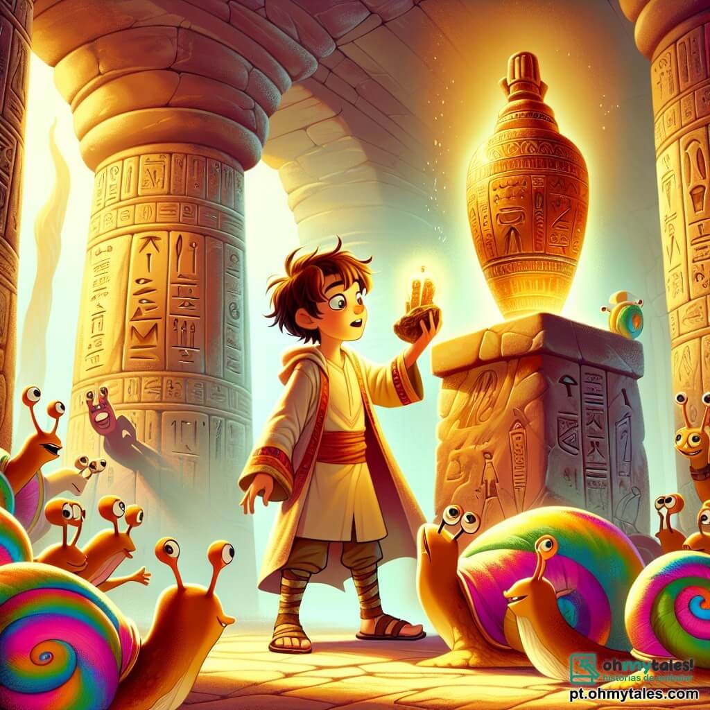 Tarek, um jovem de cerca de 12 anos, está diante do majestoso Artefato de Enki, com olhos brilhantes de admiração e um sorriso radiante de alegria. Ele tem cabelos castanhos bagunçados, uma túnica leve de cores vivas e sandálias de couro. Ao seu lado, um grupo de caracóis do deserto, pequenas criaturas coloridas com conchas espiraladas, riem e dançam ao seu redor, com suas antenas vibrantes demonstrando entusiasmo. O local é uma caverna antiga, adornada com hieróglifos dourados que brilham à luz quente do artefato. Colunas de pedra se erguem majestosas, e sombras dançam nas paredes, criando uma atmosfera mística. A cena principal mostra Tarek, maravilhado, estendendo a mão em direção ao artefato brilhante, pronto para descobrir a sabedoria que ele contém, enquanto os caracóis o incentivam com risadas alegres e movimentos brincalhões.