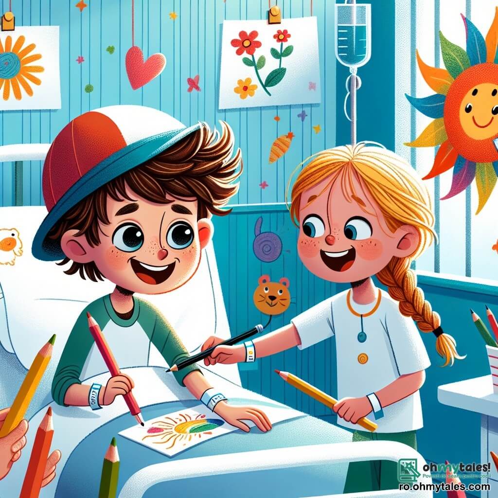 Un băiețel de 4 ani, pe nume Andrei, cu părul castaniu și ochi mari și curioși, zâmbește fericit în timp ce ține creioane colorate în mâini. El stă pe un pat de spital, înconjurat de cearceafuri albe, și desenează un soare mare pe un perete decorat cu desene colorate. Lângă el, o fetiță de 4 ani, Mia, cu părul lung blond împletit și un zâmbet strălucitor, îl încurajează arătând cu degetul o floare pe care tocmai a desenat-o. Un băiat de 5 ani, David, purtând o șapcă roșie cu vârful în sus, stă în picioare lângă Andrei, râzând și arătând un desen cu un dragon care zboară. Scena are loc într-o cameră de spital luminoasă, cu pereți vopsiți în albastru deschis, plină de jucării colorate și decorațiuni vesele, creând o atmosferă caldă și prietenoasă. Situația principală arată cum Andrei, Mia și David desenează împreună pe perete, împărtășind râsete și creativitate, ilustrând puterea prieteniei chiar și în momente dificile.