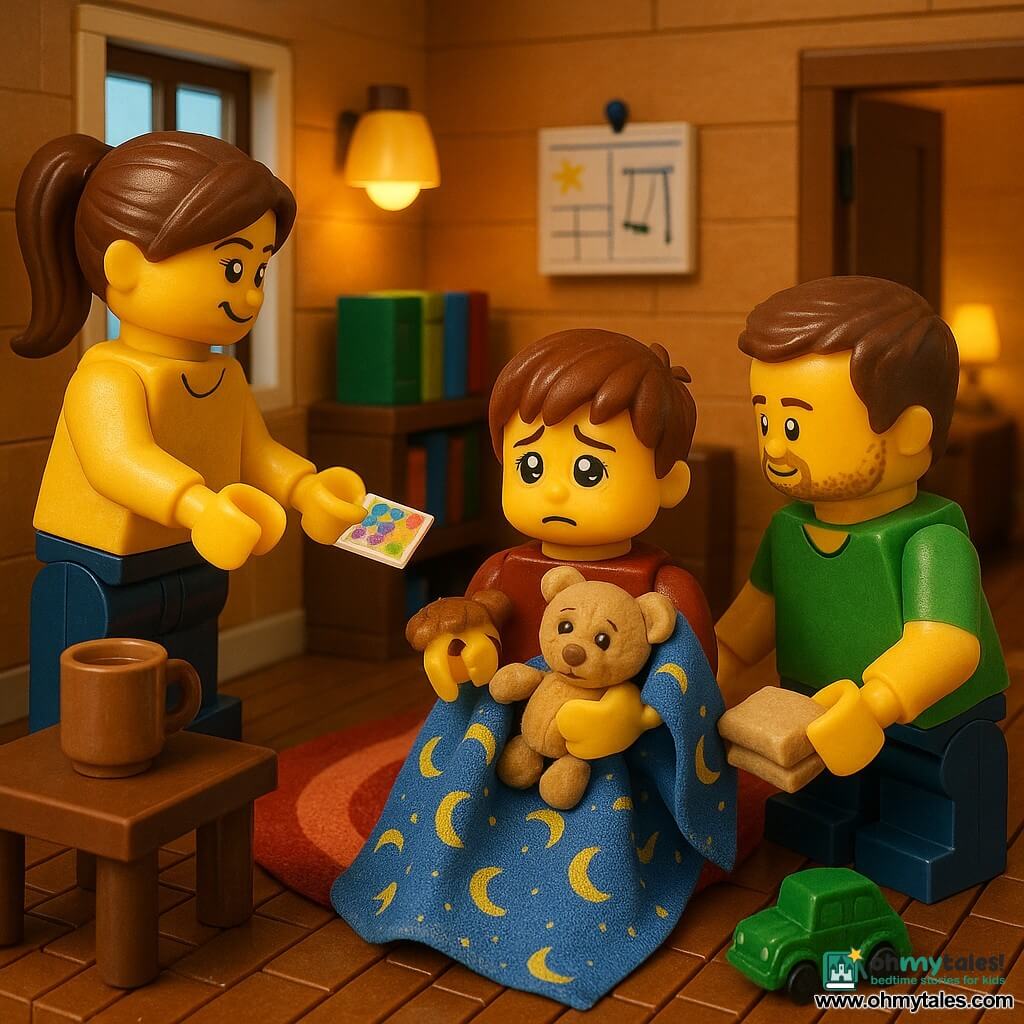 A 6-year-old boy with a round face, short chestnut hair and large bright eyes looks both sad and relieved, clutching a worn stuffed toy (Fuzz) and a blue moon-patterned blanket. A woman (mother, ~30–35) with long brown hair in a ponytail wearing a yellow sweater stands by the door offering a small colorful note, smiling gently with shoulders slightly forward. A man (father, ~30–40) with short hair and light beard in a green T-shirt kneels beside the boy holding an improvised cushion, watching him with care. The warm LEGO-brick living room has brown plank floors, a round red rug, a small table with a cup of cocoa, a bookshelf and a wall calendar with star and swing stickers. The scene is a quiet exchange as the mother gives the blanket and note while the father makes a cozy corner; soft atmosphere, warm colors, light contrast from a bright window and yellow lamps, emphasis on comforting gestures and familiar objects (stuffed toy, green car, blanket).