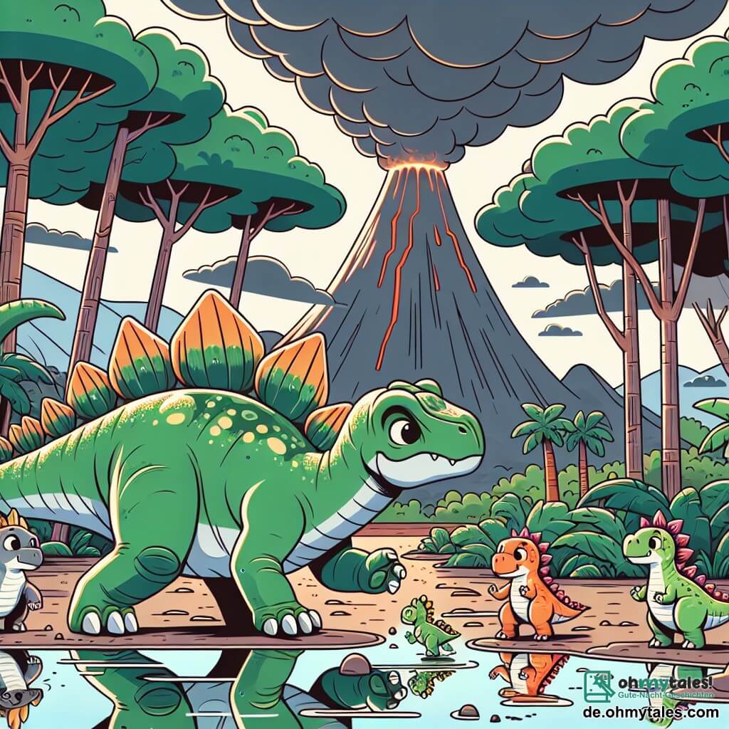 Ein Stegosaurus namens Stegi, mit grüner Haut und bunten Platten auf dem Rücken, zeigt große Entschlossenheit, während er seine Familie beschützt. Er steht fest in einer Lichtung, umgeben von großen Bäumen, mit einem mutigen und schützenden Blick. An seiner Seite beobachtet seine Mama, ein sanfter Stegosaurus mit liebevollen Augen, den bewölkten Himmel, besorgt aber zuversichtlich. Seine kleinen Geschwister, lebhaft gefärbte Stegosaurusse, springen fröhlich in Pfützen, lachen und haben Spaß trotz der Bedrohung durch den Vulkan. Im Hintergrund grollt ein imposanter Vulkan, während dunkle Wolken sich darüber sammeln und das Sonnenlicht beginnt, durch die Wolken zu brechen und die Szene in warmem Licht zu erhellen. Die Hauptsituation zeigt Stegi und seine Familie, die unter den großen Bäumen Schutz suchen, vereint und bereit, dem herannahenden Sturm zu trotzen.