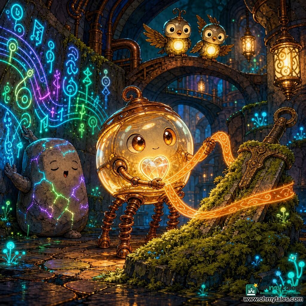 Mica is a small "lantern shell" creature: a round luminous glass body with a pulsing golden glow on its back, copper spring-legs, amber pearl eyes, a gentle brave expression, gently winding a ribbon of light around a crystal heart to soothe an old sleeping weapon hidden under moss; to her left a singer-stone — a smooth cracked rock with a tiny humming mouth and kind face touching a runic wall; two small lamp-birds — metallic silhouettes with brass wings and bulb bellies, wide surprised eyes — perch on a high arch behind her, blinking; the setting is a subterranean science-fantasy city of polished stone tunnels, neon blue-green-purple runes, copper pipes and hanging walkways, bioluminescent moss and tiny filigree lanterns; the runic chorus on the wall glows in colored waves, casting serene, magical light and reflections on glass and metal; visual style: colored ink, soft lines, warm orange palette for Mica and the ribbon, neon runes, detailed copper and stone textures, centered child-friendly composition.
