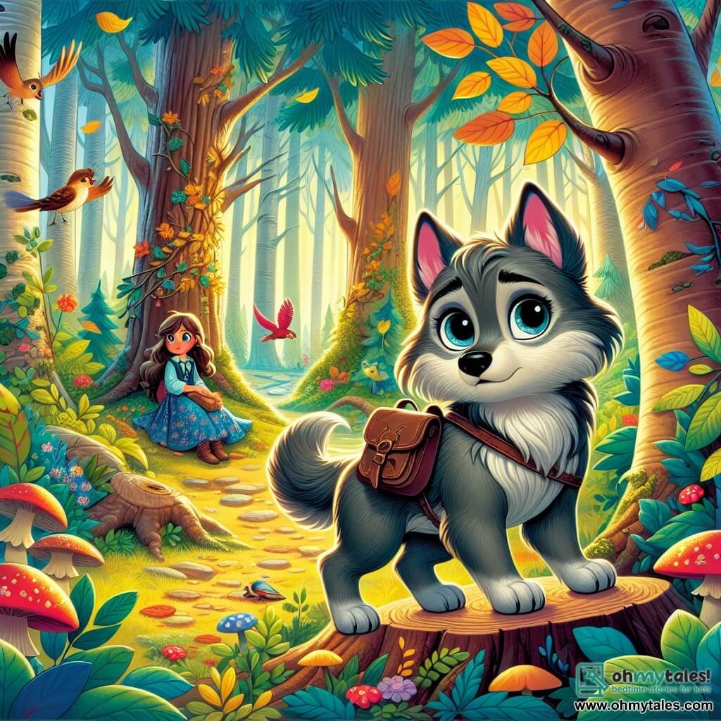 A little wolf named Lupo, with soft gray fur and curious bright eyes, stands in the center of an enchanted forest. He looks determined yet a bit anxious, with his ears perked up and his tail twitching. Lupo carries a small leather backpack filled with bread and a red scarf, ready for adventure. Nearby, a young girl named Mira, with long brown hair and a blue flowered dress, looks around with fearful eyes. She sits on a tree stump surrounded by golden leaves, appearing lost in the woods. The forest features majestic trees with thick trunks, sunlight filtering through the dense foliage, and colorful mushrooms on the ground. Brightly feathered birds sing in the branches, while leaves gently swirl in the air. The main scene shows Lupo bravely approaching Mira, determined to help her find her way, as the soft morning light illuminates their magical encounter in the heart of the forest.