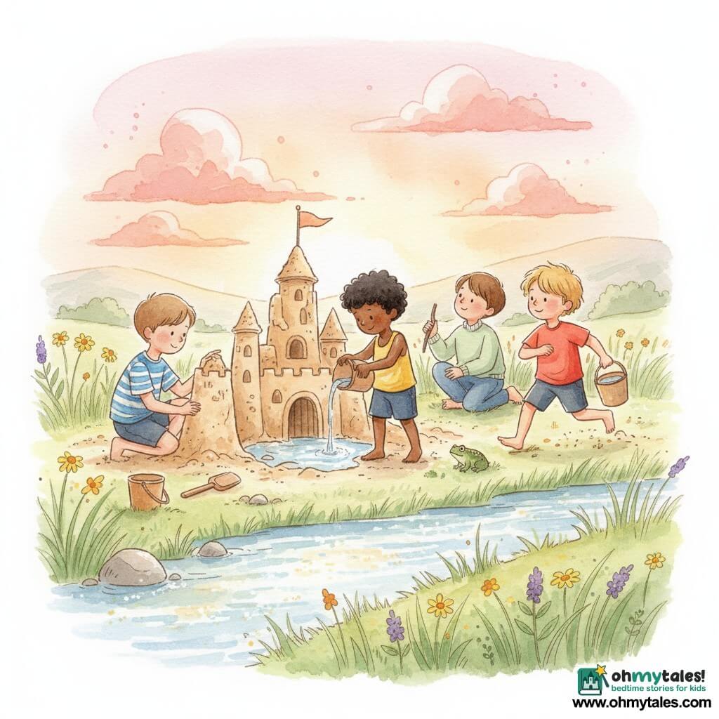 Four boys build a large sandcastle by a sparkling stream at sunset in a grassy meadow with yellow and mauve wildflowers and rolling hills: Max, 8, short light brown hair, striped blue-and-white T‑shirt, crouched left carving a tower with a small wooden shovel; Leo, 7, curly black hair, yellow tank top, standing center pouring water from a bucket into the castle moat, focused; Toby, 9, tousled blond hair, red short-sleeve shirt, right, running from the bank with a bucket of water, a small green toad near his ankle; Sam, 8, smooth brown hair, pale green sweater, sitting behind the castle on the grass holding a twig like a flag; tall towers, water-filled moat, scattered buckets and shovels, footprints and visible sand grains, gently waving tall grass, glowing water reflections and a calm, companionable atmosphere.