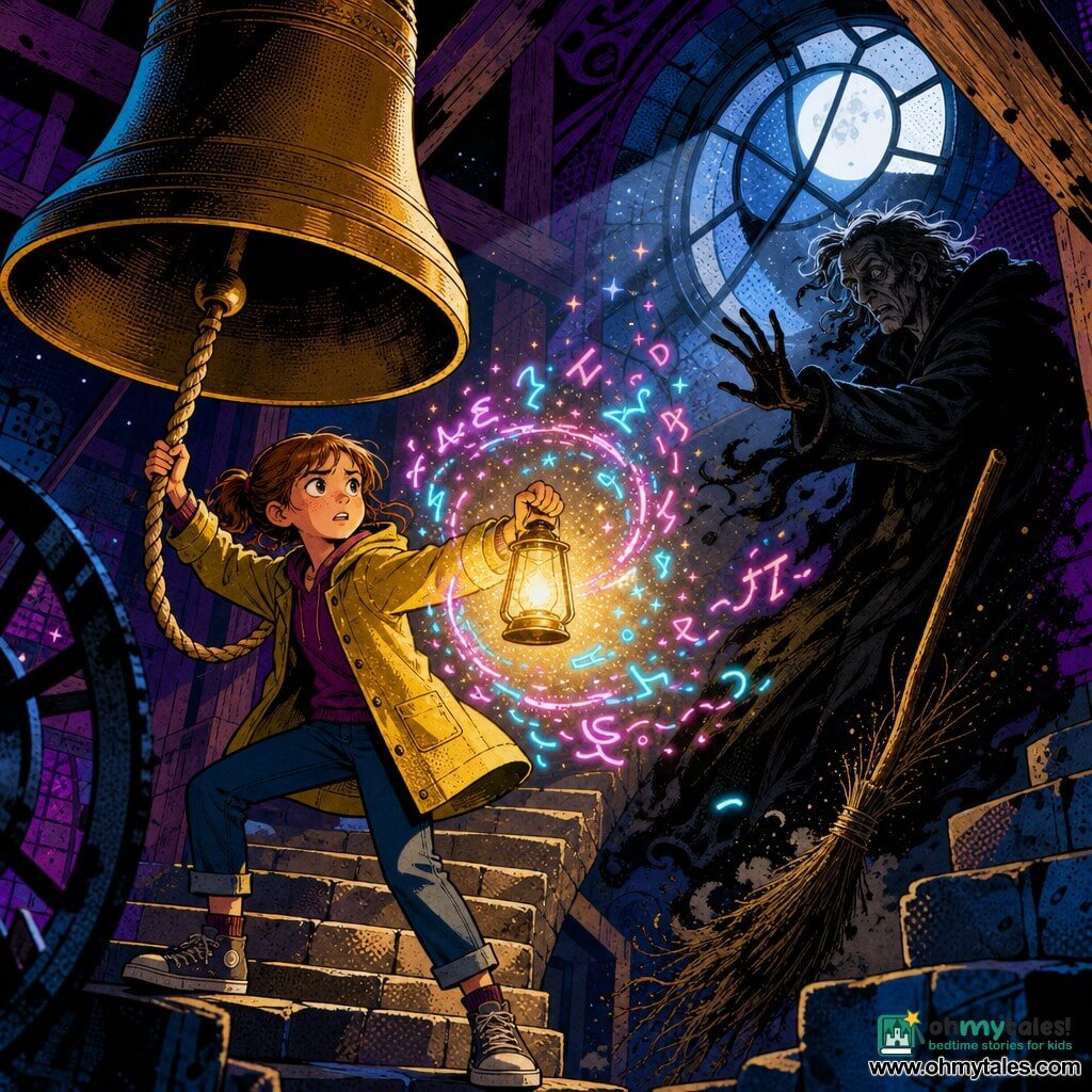 A 12-year-old girl with a round, freckled face and brown ponytail, determined and slightly frightened, holds a small glass lantern emitting warm golden light as she stands on the stone steps of an old clock tower reaching for a bell rope; to her right behind the bell, a lanky shadowy old man in an oversized black coat with a blurred, tired face beginning to show human features drops a twig broom and recoils into the light; a few Whisperlings—thin glowing letters in cyan and neon pink—spiral around the lantern like sparking words; the bell chamber shows heavy wooden beams, a huge bronze bell, a circular window with a silver moonbeam and dust motes; the girl pulls the rope to ring a soothing bell while the lantern and glowing letters push back the shadow, with pop-art color contrasts, stylized shadows and thick outlines.