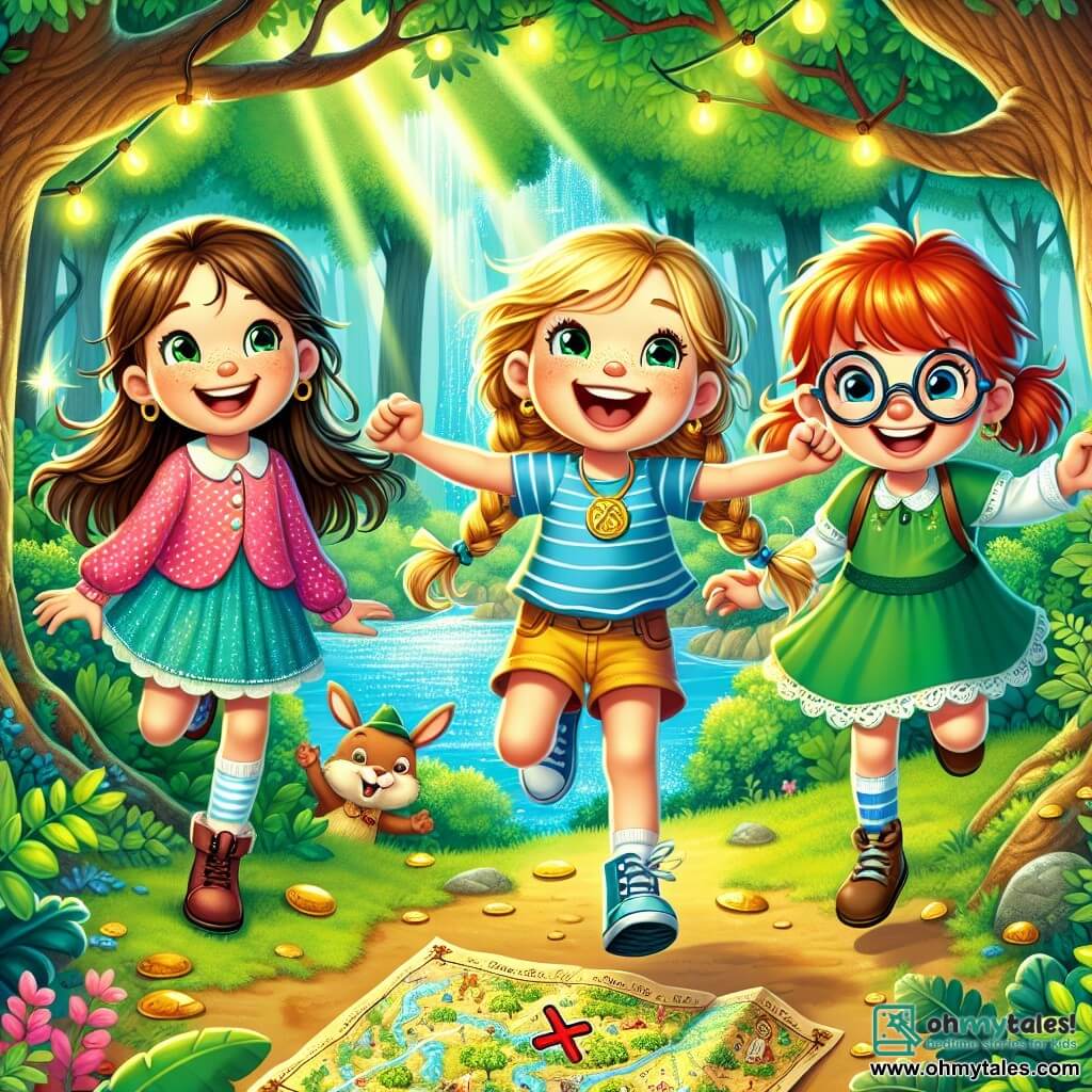 Three little girls, around 7 years old, are at the center of the image. On the left, Lily, with long brown hair and a pink polka dot dress, smiles joyfully while holding a treasure map. In the center, Mia, with braided blonde hair, wears a blue shirt and yellow shorts, jumping with excitement. On the right, Ava, with red hair and round glasses, is dressed in a green dress, pointing at a large red X on the map. The setting is a magical forest with tall trees, vibrant green leaves, and colorful flowers. The girls are discovering hidden treasure, enthusiastically digging in the ground while a curious little rabbit watches from a bush. The atmosphere is joyful and adventurous, with sunlight filtering through the branches.